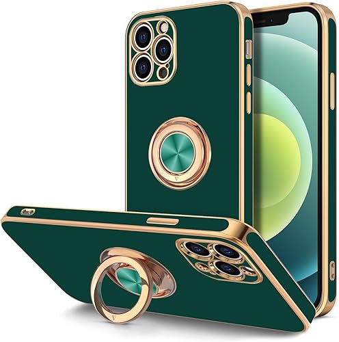 Hython Funda para iPhone 12 Pro con soporte de anillo soporte magnético, forro de microfibra suave chapado en oro rosa suave TPU protector de
