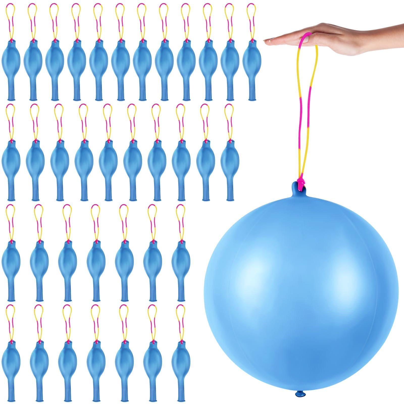 36 Pcs Blue Punch Balloons | with Rubber Band Handle for Easy Grip - Ideal for Kids’ Birthday Party Favors, Classroom & Outdoor Play(Blue)