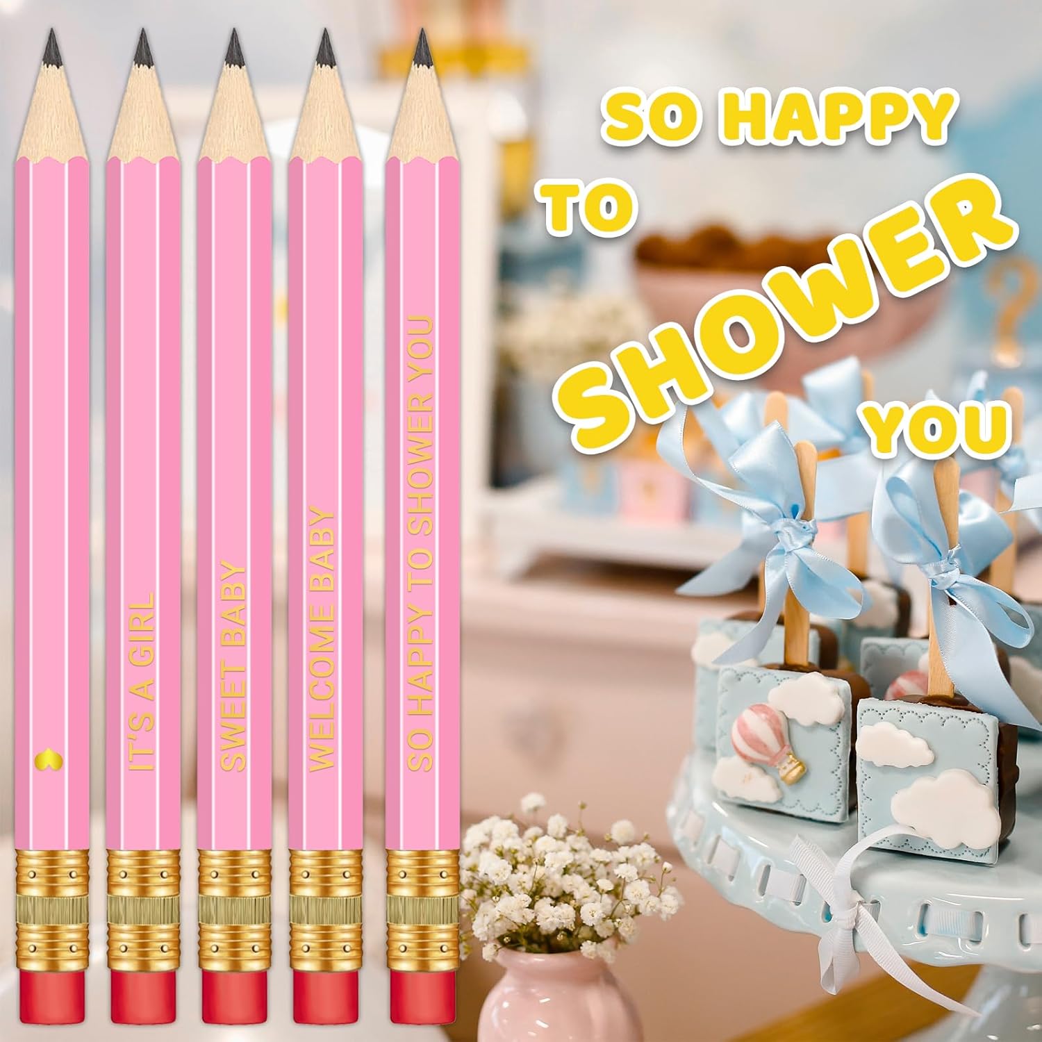 50Pcs - Baby Shower Sharpened Half Pencils with Erasers, Pre-sharpened Pencils for Baby Shower Games, 4 Inches
