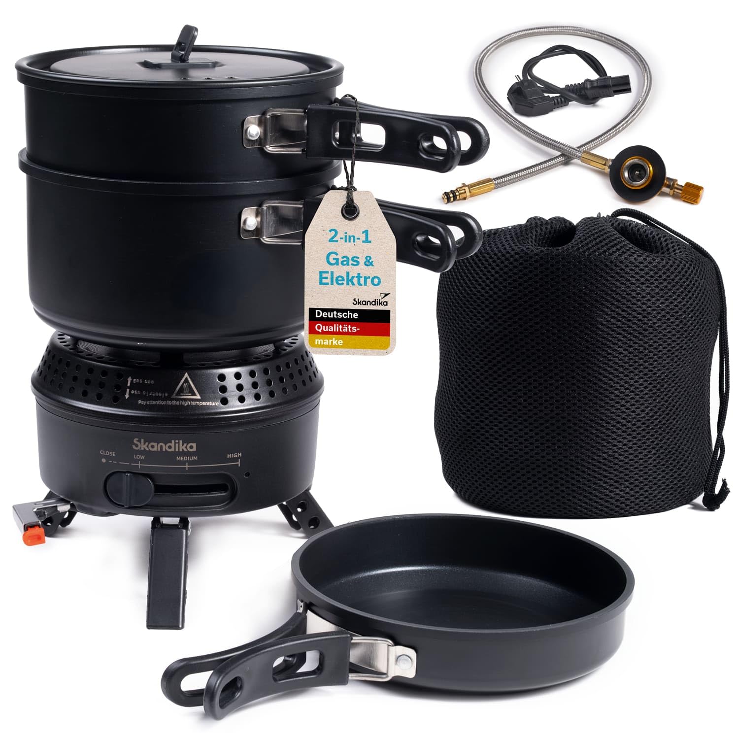 Skandika Réchaud de camping Rask | Fonctionne à l'électricité ou au gaz, allumage piézoélectrique, set avec casserole, poêle, sac | Réchaud à gaz, électrique, plein air, portable