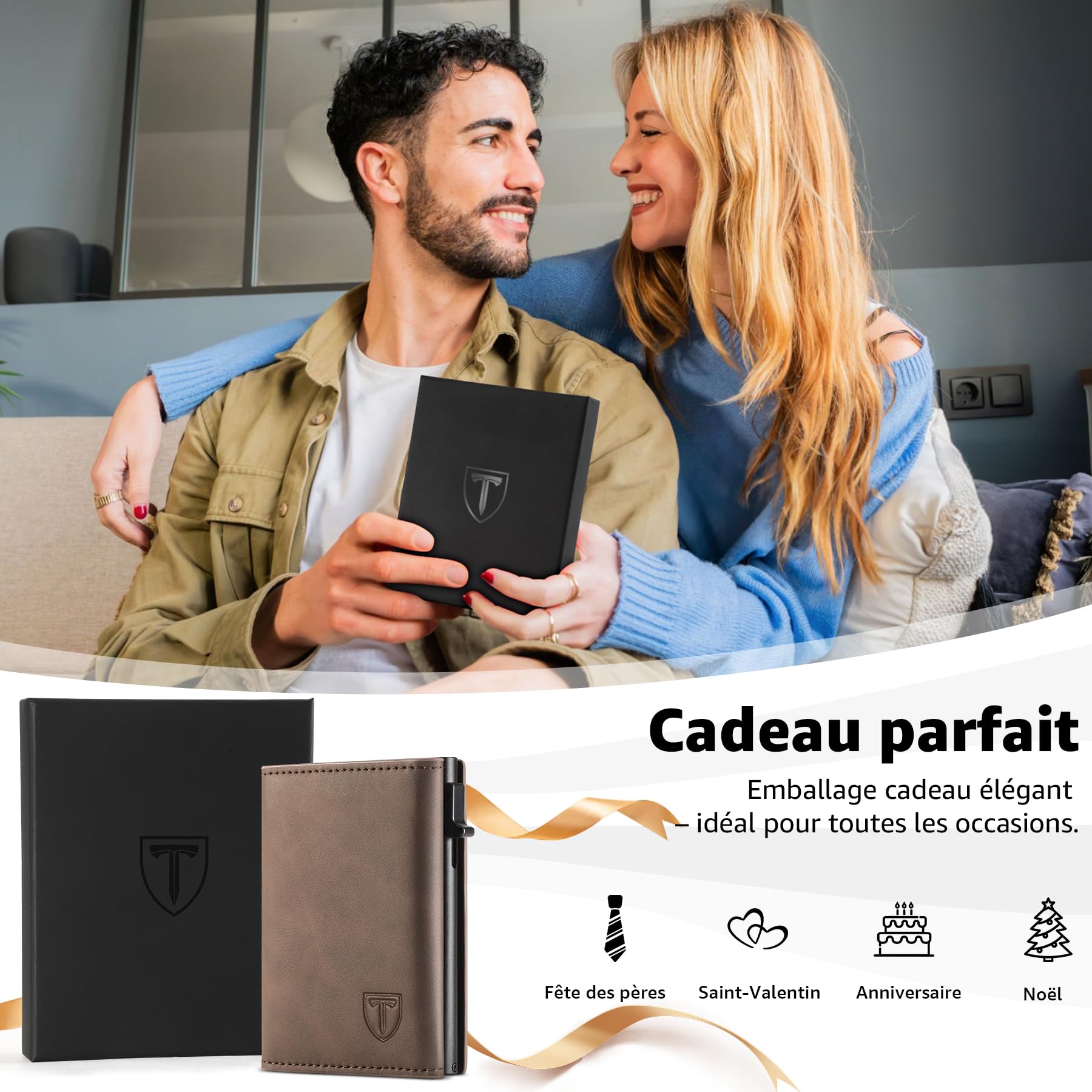 Portefeuille Homme Blocage RFID Cuir Porte Carte 9 Cartes Marron
