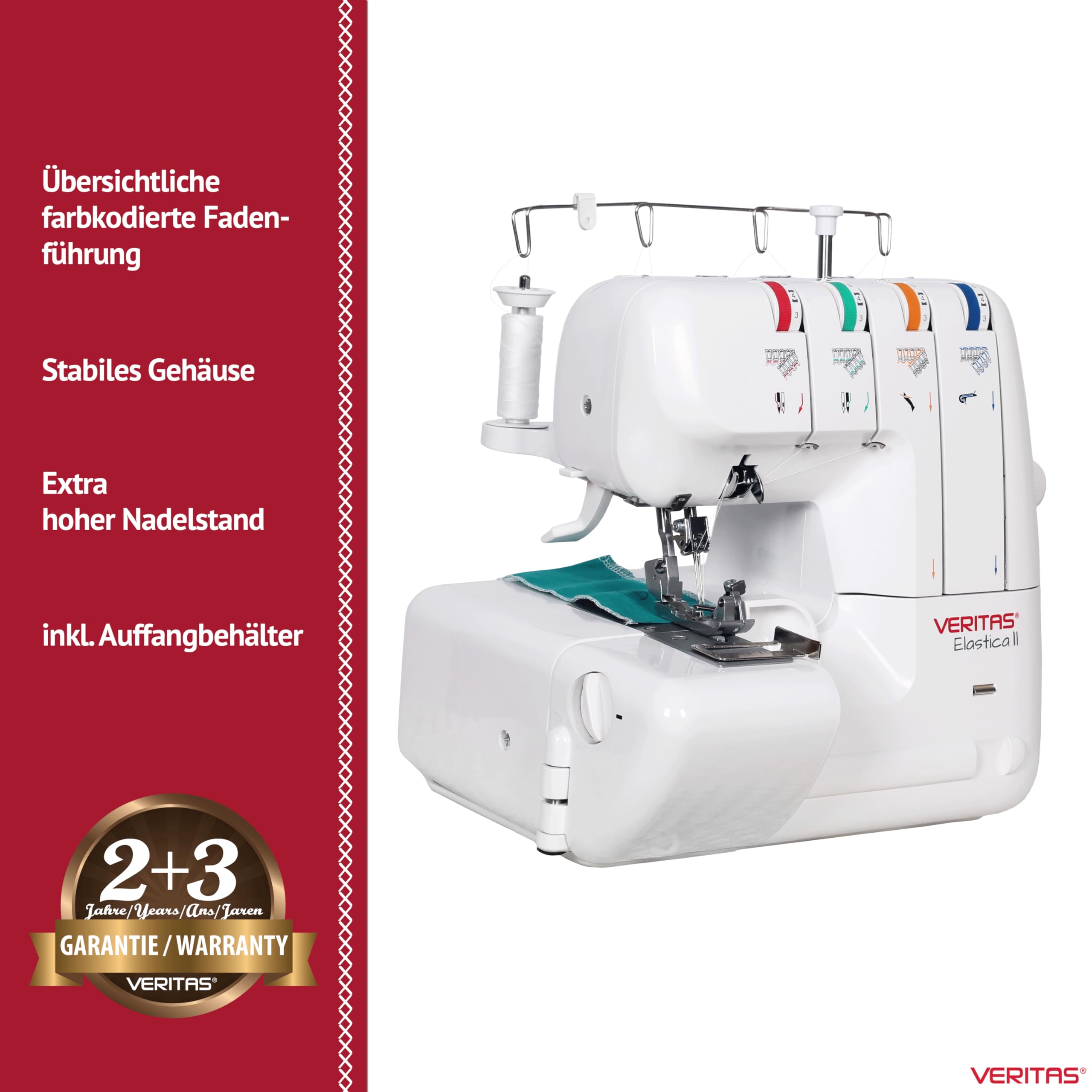 VERITAS Nähmaschine Elastica II I Overlock-Nähmaschine I Einstellbare Stichlänge & Stichbreite I 2,3 oder 4-Faden-Nähte I Fadenabschneider & LED-Nählicht I inkl. Staubschutzhülle (weiß)