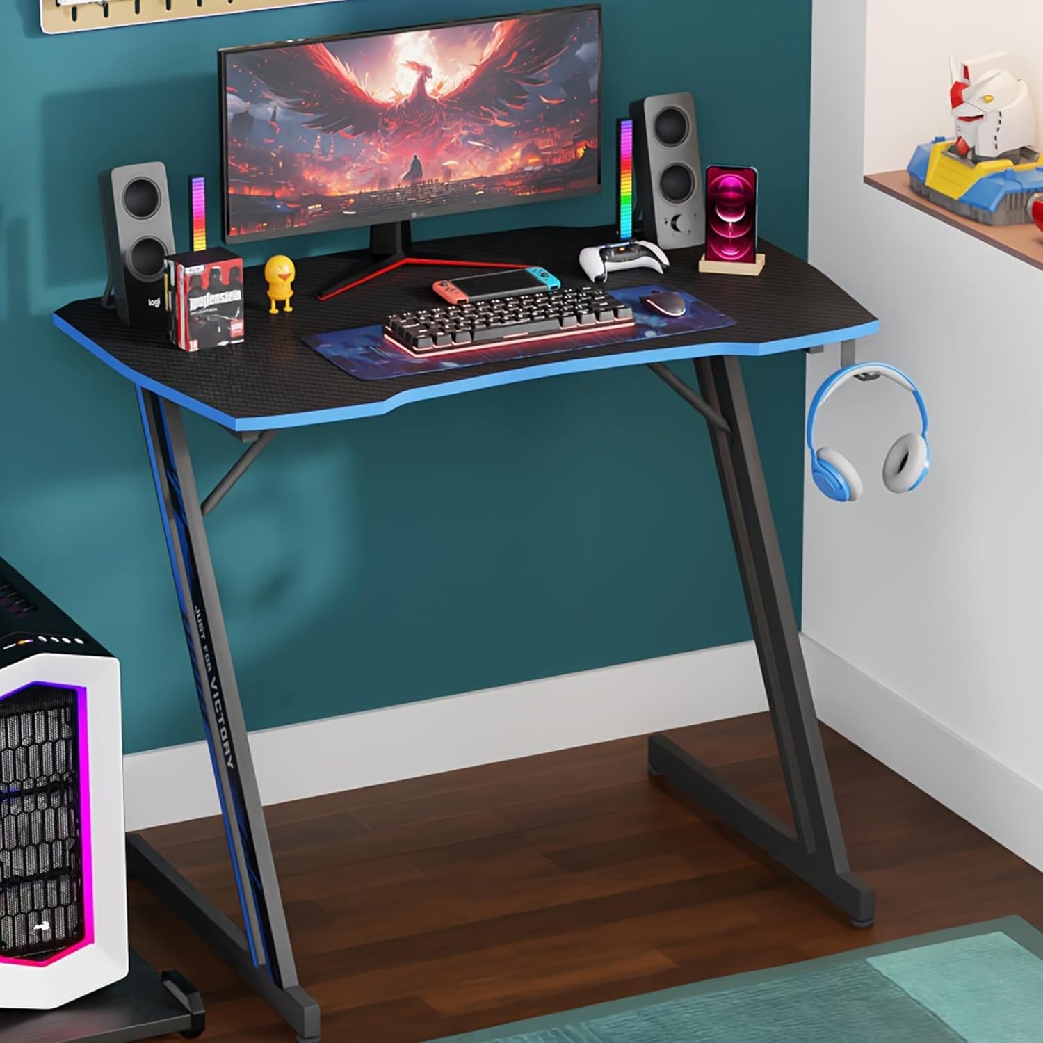 47 Inch Gaming Desk Z Formed Pc Nook Desk PC Gaming Desk Ergonomic Carbon Fibre Floor Gaming Desk with Cup Holder and Headphone Hook for Residence Workplace Sturdy Writing Workstation, Blue