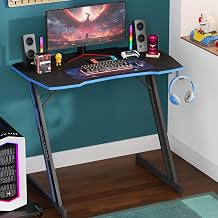 47 Inch Gaming Desk Z Shaped Computer Corner Desk PC Gaming Desk Ergonomic Carbon Fibre Surface Gaming Table with Cup Holder and Headphone Hook for Home Office Sturdy Writing Workstation, Blue