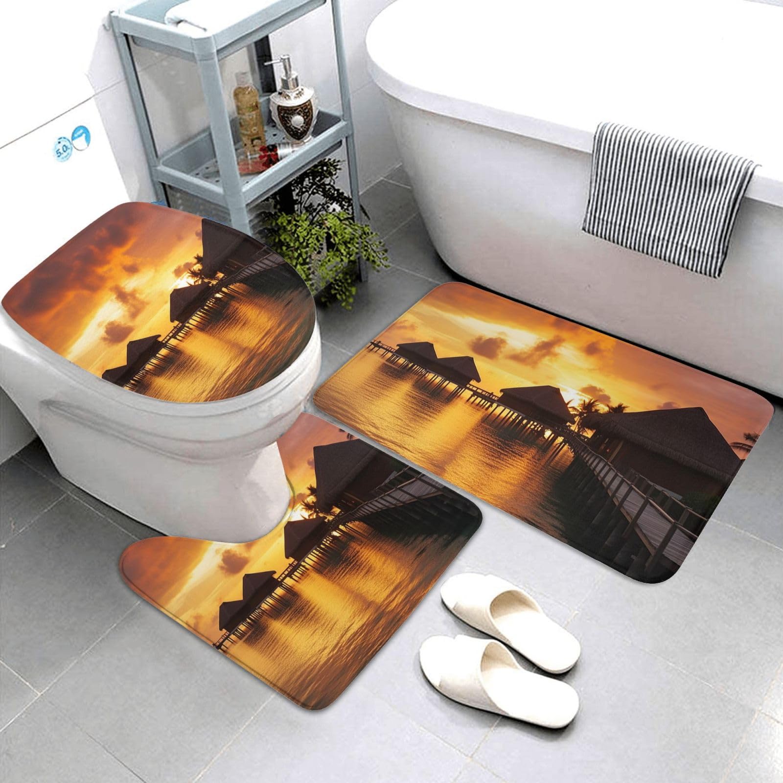 Tapis de bain Tahiti chic et sa couverture de toilette assortie pour un intérieur raffiné