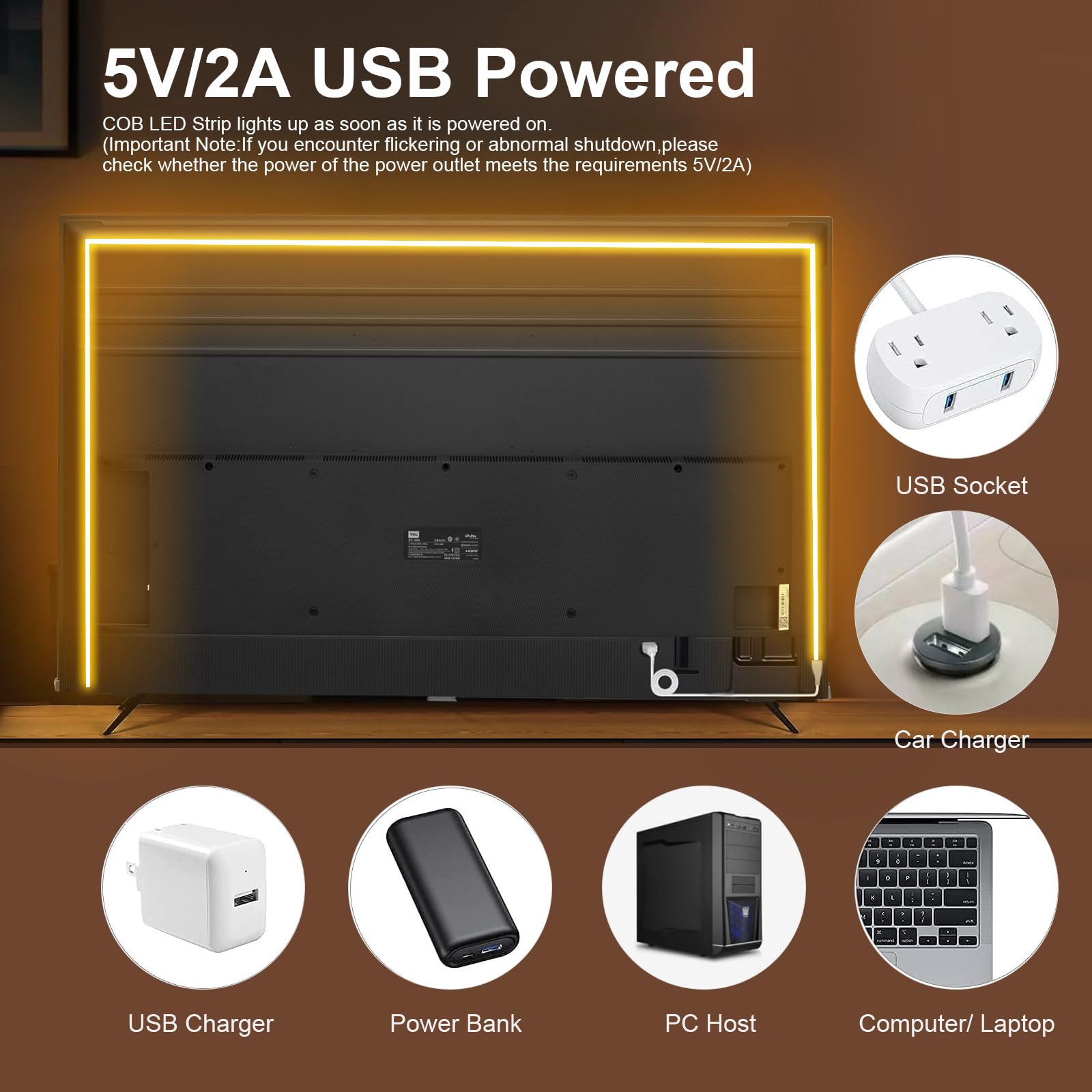 Fosingut 5V USB COB LED Strip Light 3m,3000K Warm White LED TV Backlight,480LED/m CRI90+ Flexible Under Cabinet Kitchen Light,4mm COB Tape Lights for Mirror,Wardrobe,Car,Bedroom,Home DIY Lighting - Image 2