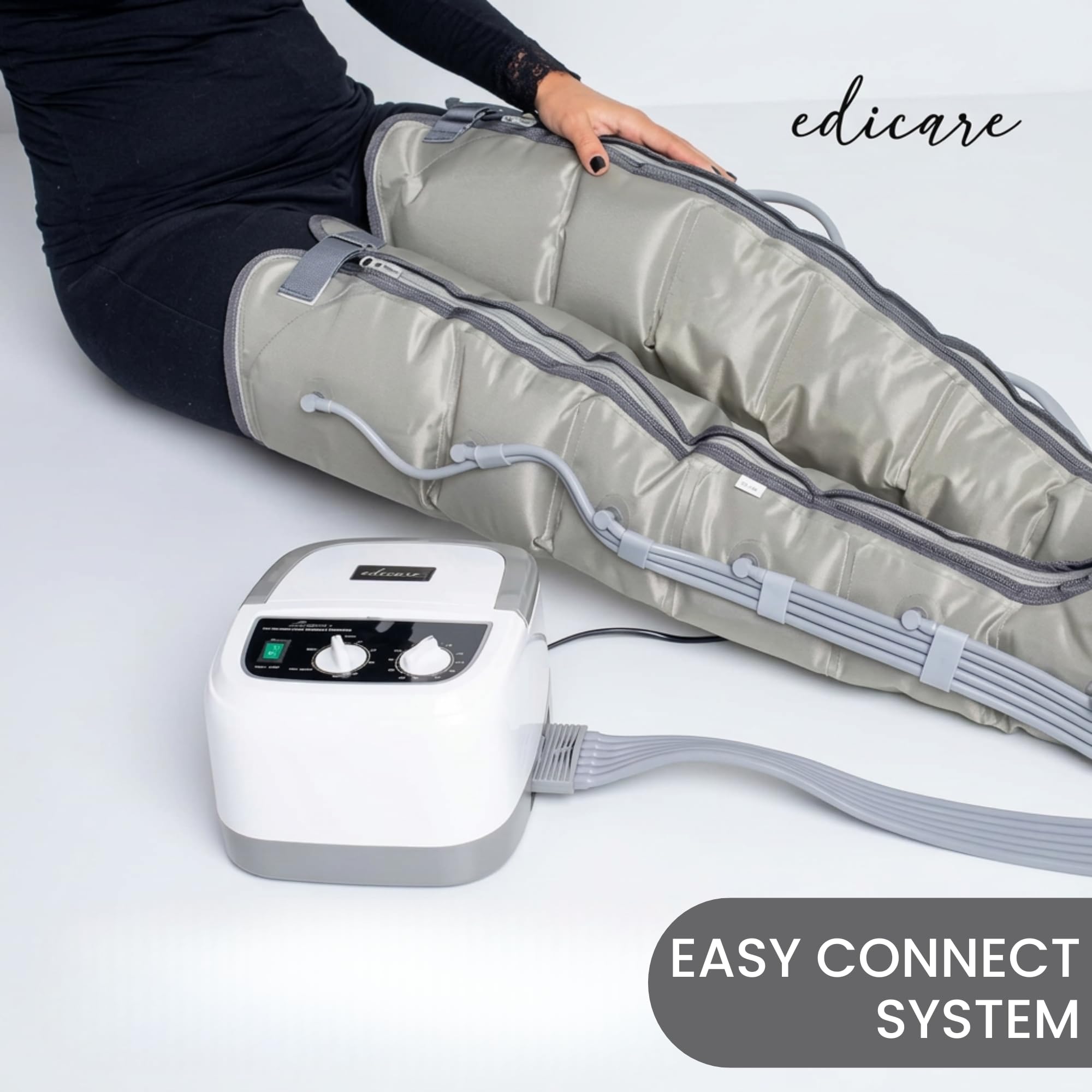 Edicare, Lymphdrainage Gerät, für Beine, Füße, Arme und Unterleib, Massagegerät, Einfaches Einstellbar und Anwendung, 6 Luftkammern, professionelle Wirksamkeit (Gerät und Beinschlaufen)