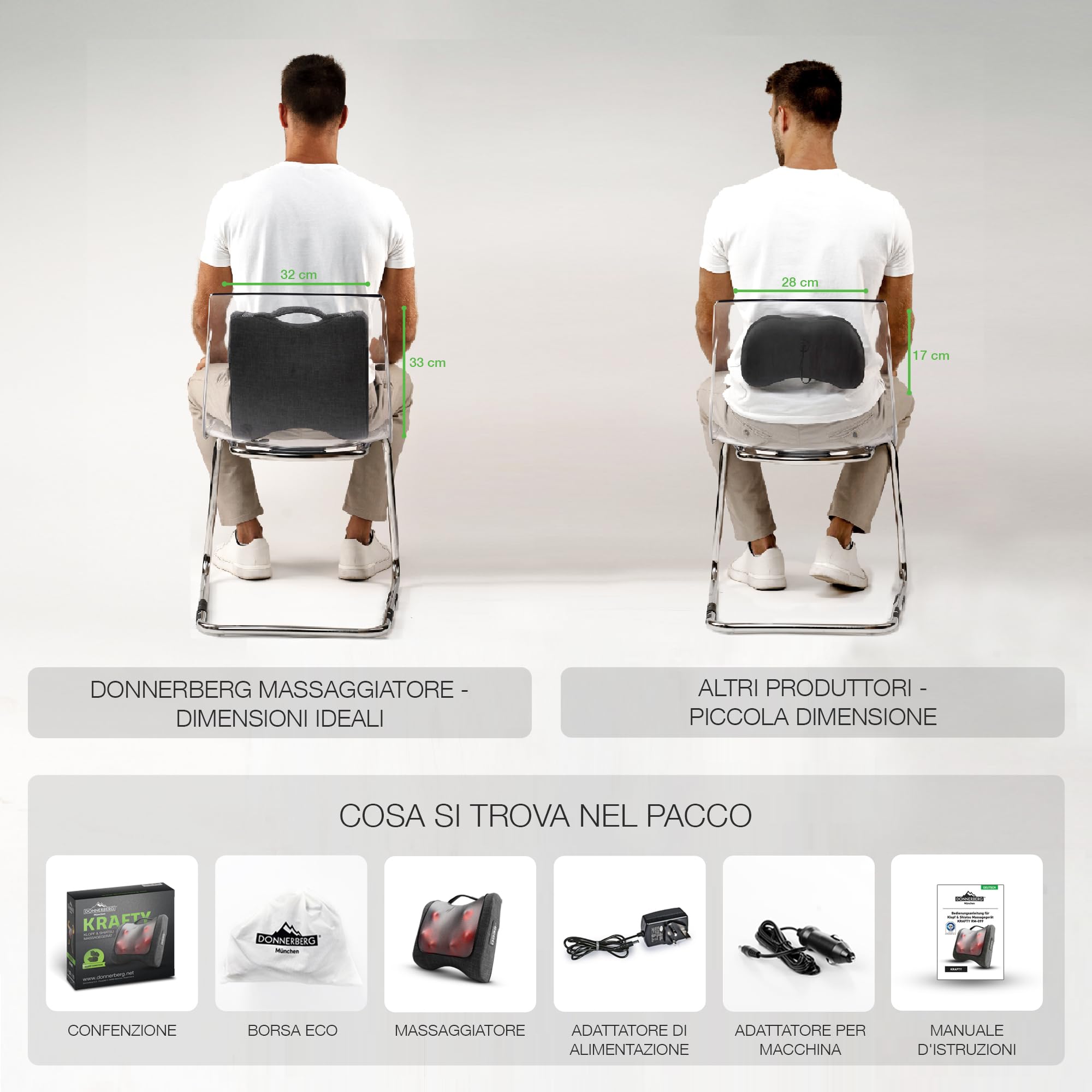 Massaggiatore per schiena 4D Donnerberg L’Originale-Qualità tedesca-Cuscino massaggiante-Ideale per casa, ufficio,auto-Profondo rilassamento-Shiatsu tapping e Infrarossi-10 testine massaggianti