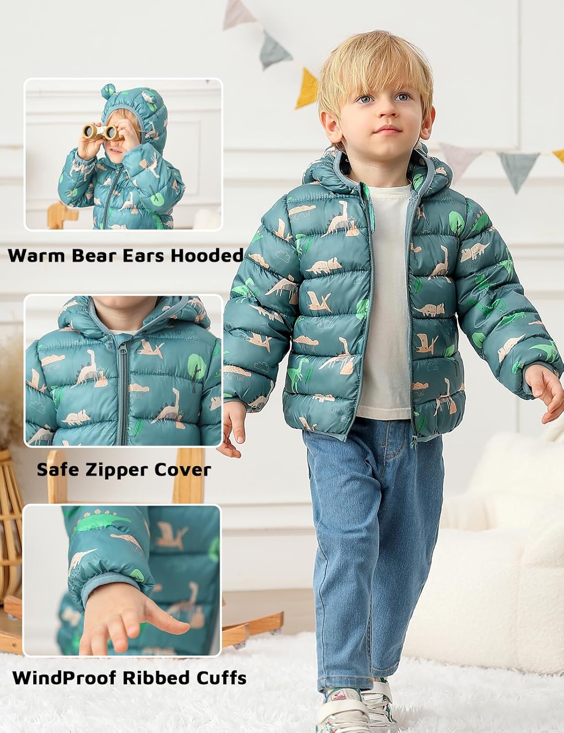 JunNeng Toddler Winter Coat Baby Puffer Jacket, Boy Hooded Dinosaur Coat - Image 6