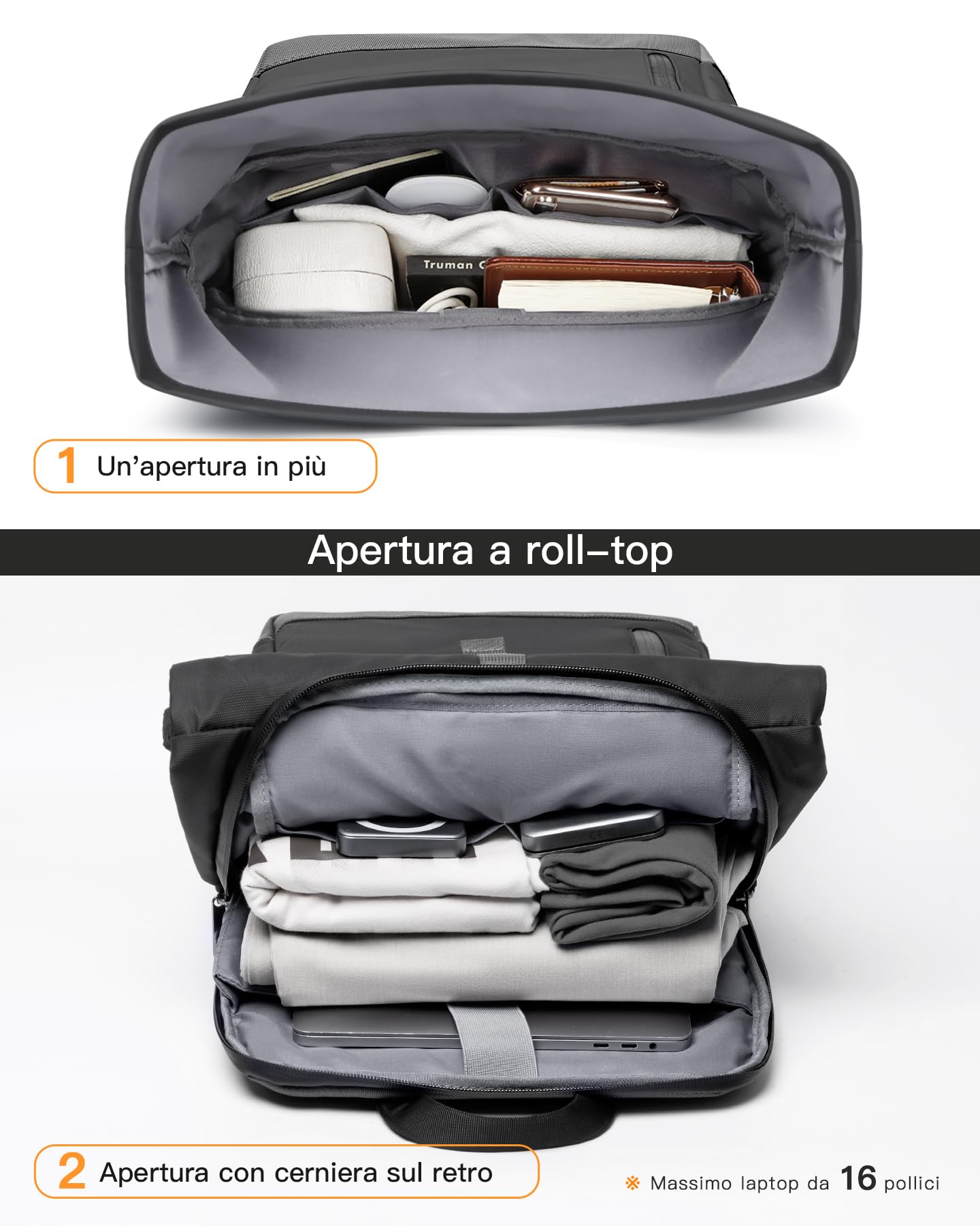 Inateck Zaino RollTop 13L-17L per Bicicletta, Tempo Libero, Lavoro, Sport, Viaggio, Elegante con Scomparto Laptop 15 Pollici