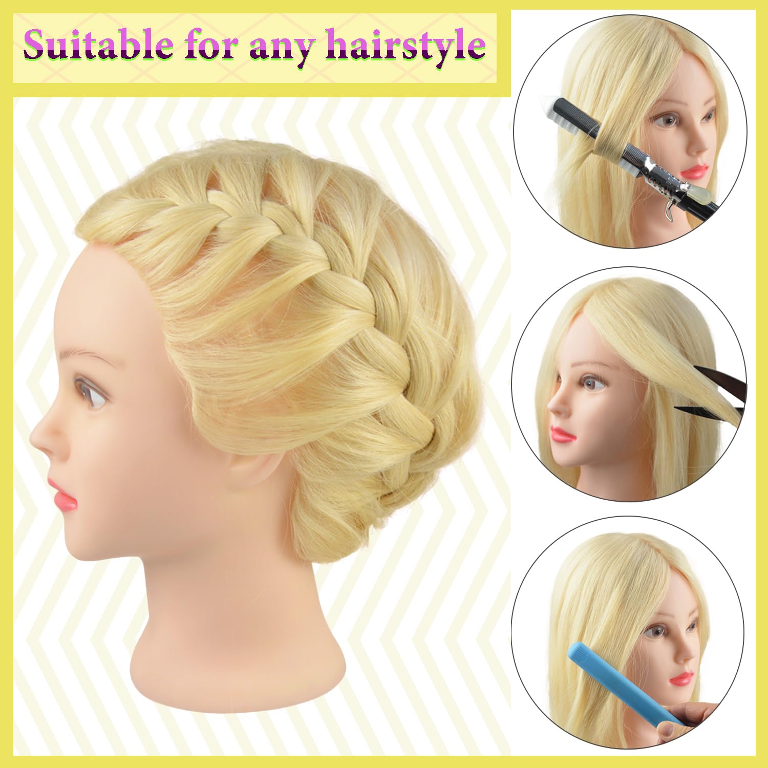 18 Zoll Mannequinkopf mit 100% Echthaar mit Verstellbarer Klemmhalterung Friseurkopf fur Frisurendesign und Flechtibungen (613#)