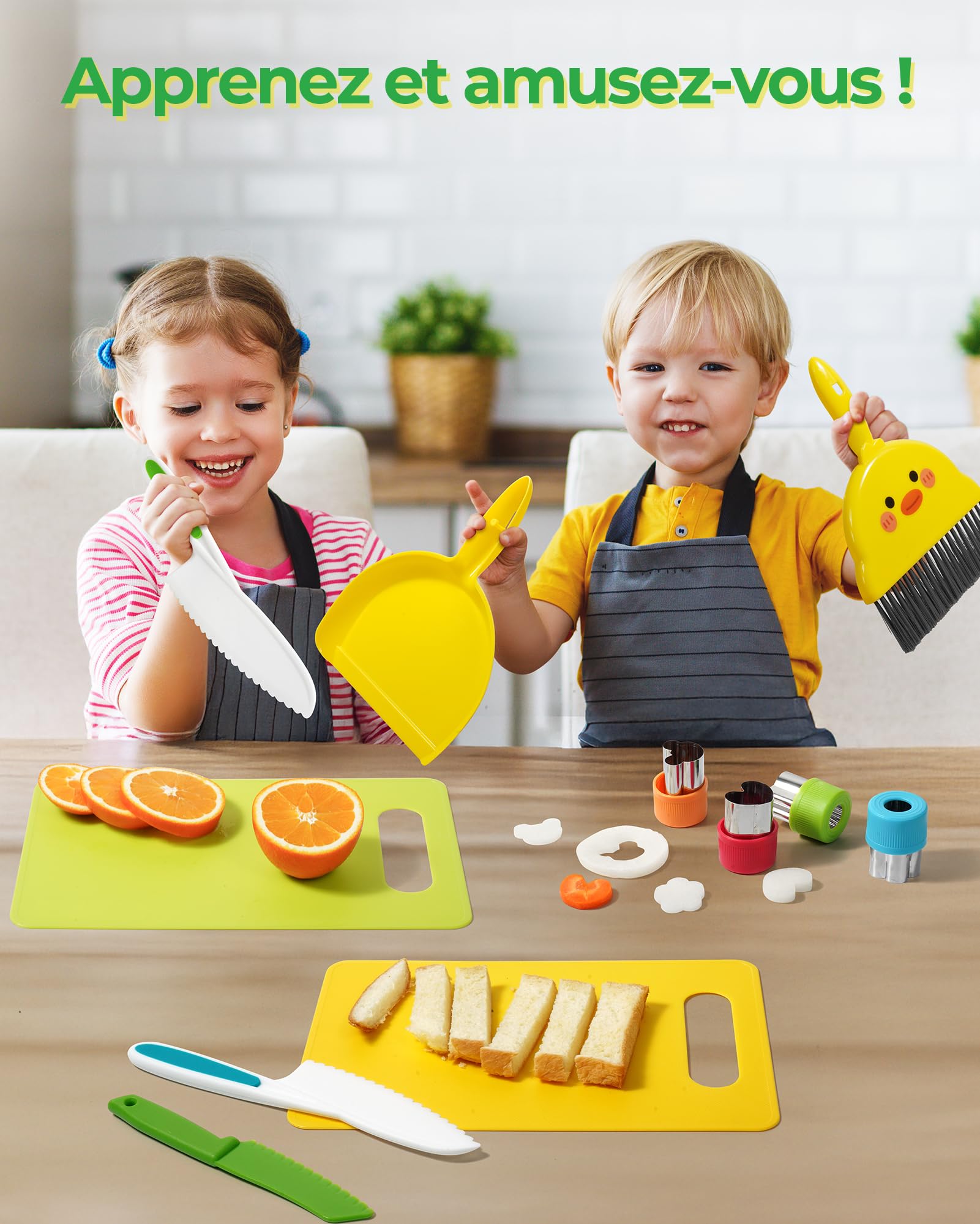 Koonie - 15 Couteaux de Cuisine pour Enfants pour Une véritable Cuisine avec emporte-pièces à légumes, Couteau en Bois, Planche à découper, etc. Couteau pour Enfants à partir de 2 Ans, Couteau