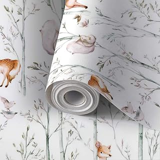 Peel and Stick Wallpaper 24"x394" Self Adhesive Wall Mural Watercolor Woodland Animals Fabric Forest Baby Deer Owl Fox Contact Paper Renter Friendly Wallpaper for Kitchen Nursery Bedroom