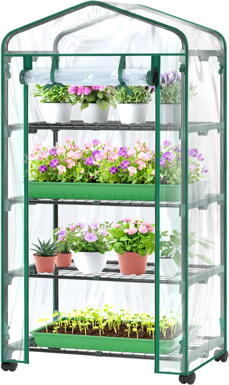 Ohuhu Mini Greenhouse for Indoor Outdoor with Wheel, Small Plastic Plant Green House 4-Tier Rack Stand Portable Greenhouses with Durable PVC Cover for Seedling