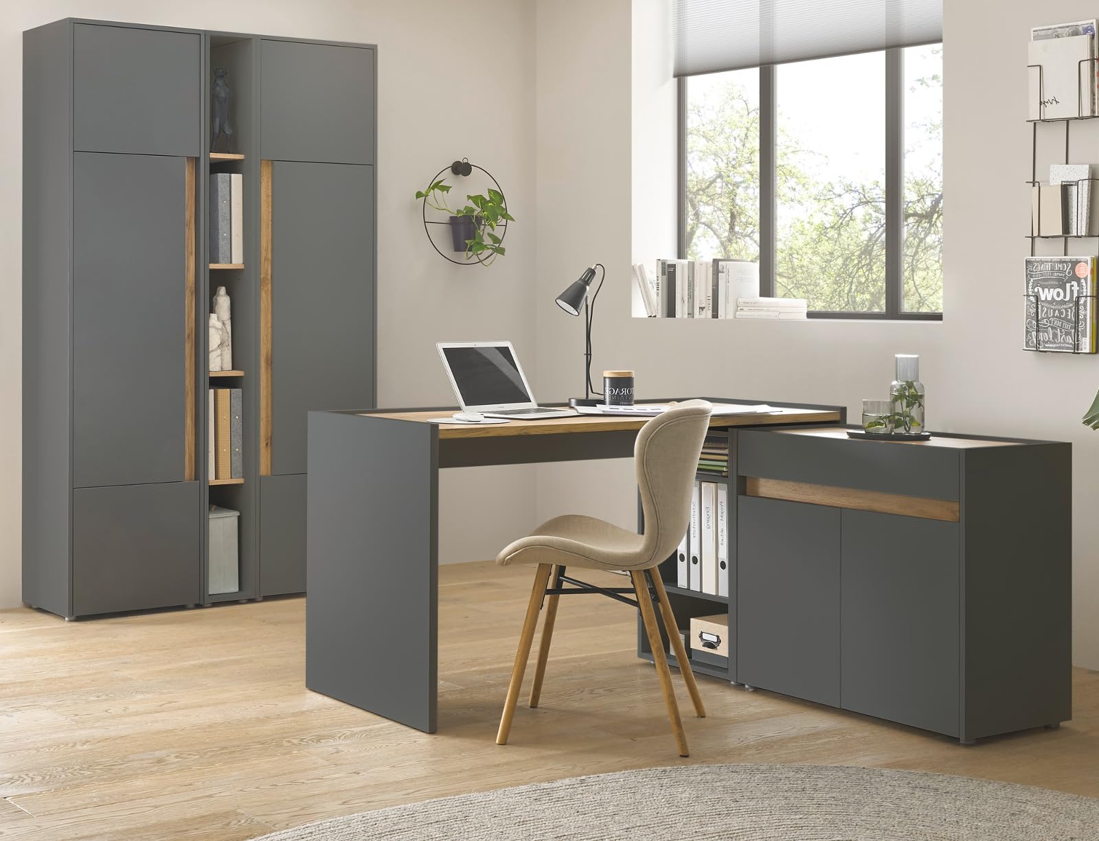 Büromöbel Set grau matt Wotan Eiche Holz modern Schreibtisch Kommode Aktenschrank Regal Homeoffice Büro Stauraum Center (Set 4)
