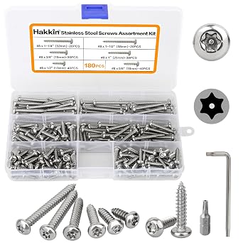 Self Tapping Screws Hakkin 180Pcs M4#8 Button Head Torx Security Screws | Sheet Metal 304 Stainless Steel Anti-Theft Tamper Proof Screws Assortment Kit with T20 Wrench