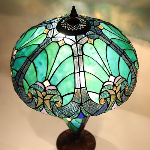 Miniatura 3 de Tiffany - Lámpara de mesa con luz nocturna de 16 pulgadas, luz de mesa grande de vitral, estilo victoriano, color verde mar, antiguo, lámpara de