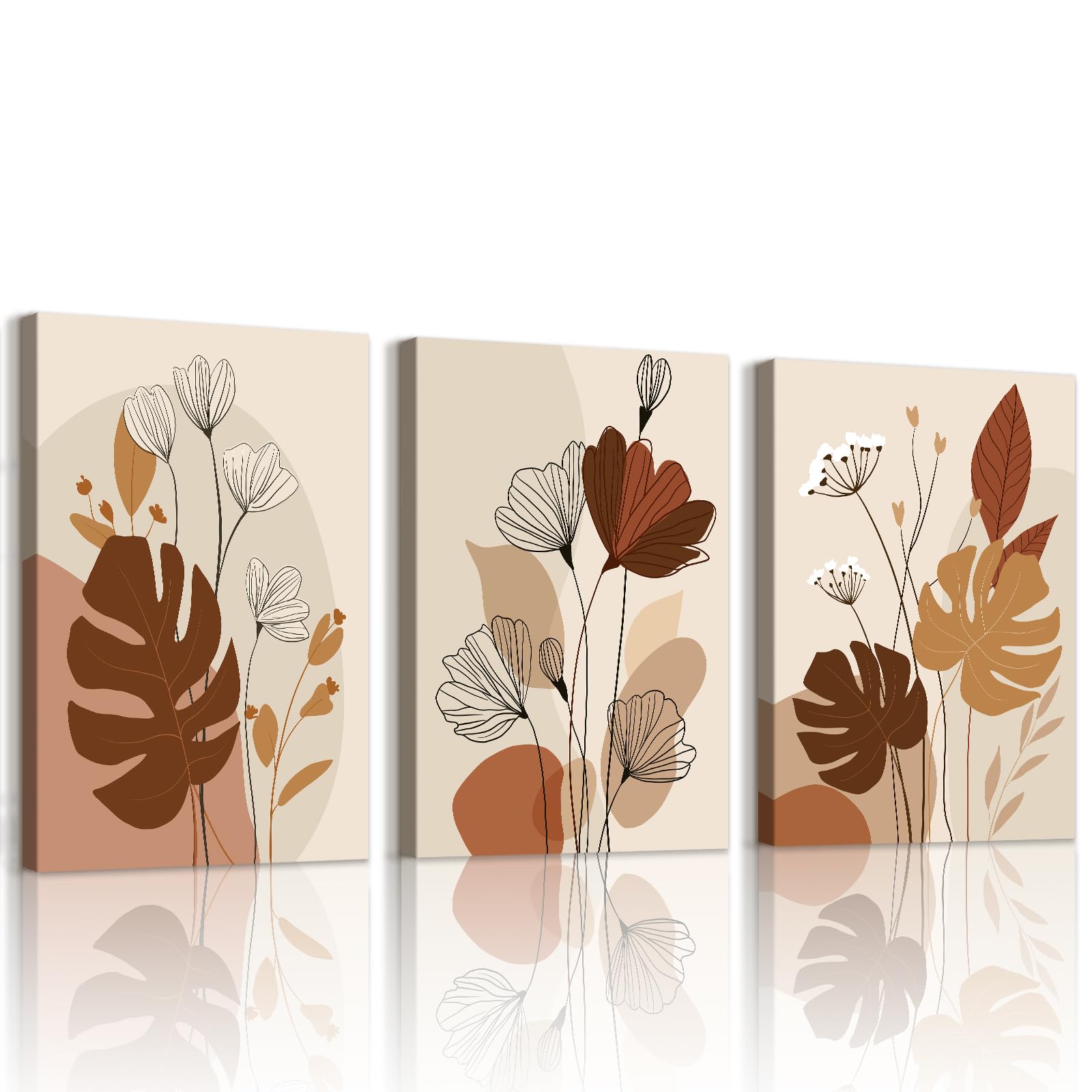 WENGTIAO Set of 3 Boho Minimaliste Plant Canvas Wall Art Framed Pictures, Beige Brown Khaki Abstracte Botanical Painting on Canvas for Modern Living Room Bedroom Wall Decor 30x40cmx3