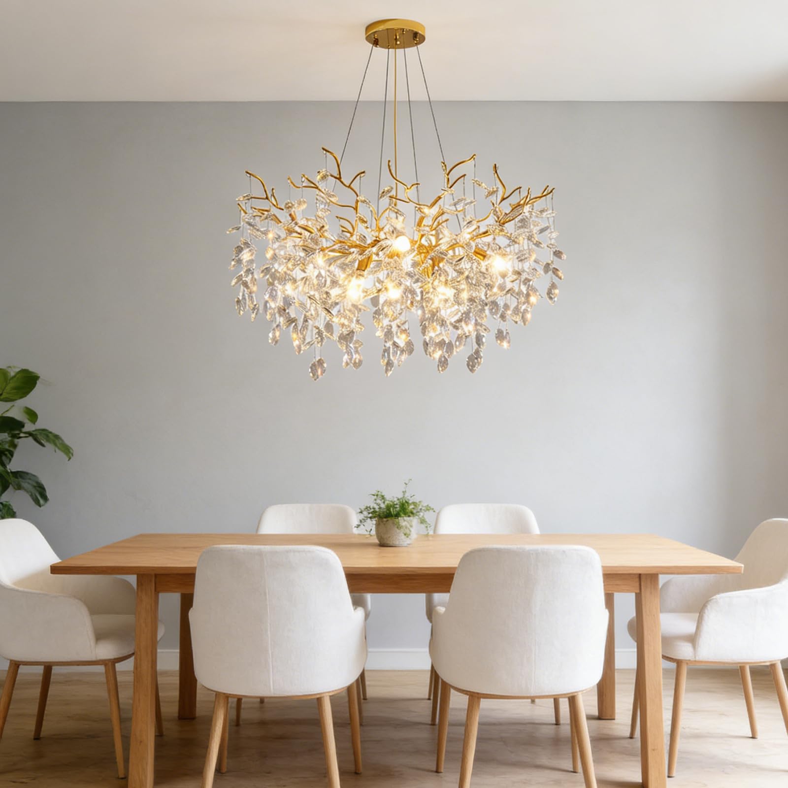 KXEcoLife Modern Crystal Tree Branch Chandelier, Linear Art Deco Raindrop Indoor Hanging Pendant Light Fixture Luxury Chandelier for Dining Room Kitchen Island Living Room,Round D80cm