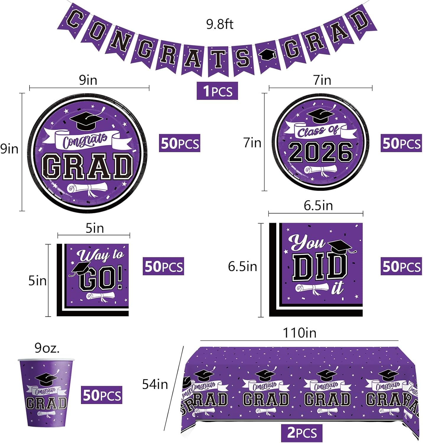 DAZONGE Graduation Decorations Class of 2026 Purple, 265pcs Disposable 2026 Graduation Party Decorations Tableware Set, Grad Party Supplies for 50 Guests, Congrats Grad Banner and Hanging Swirls