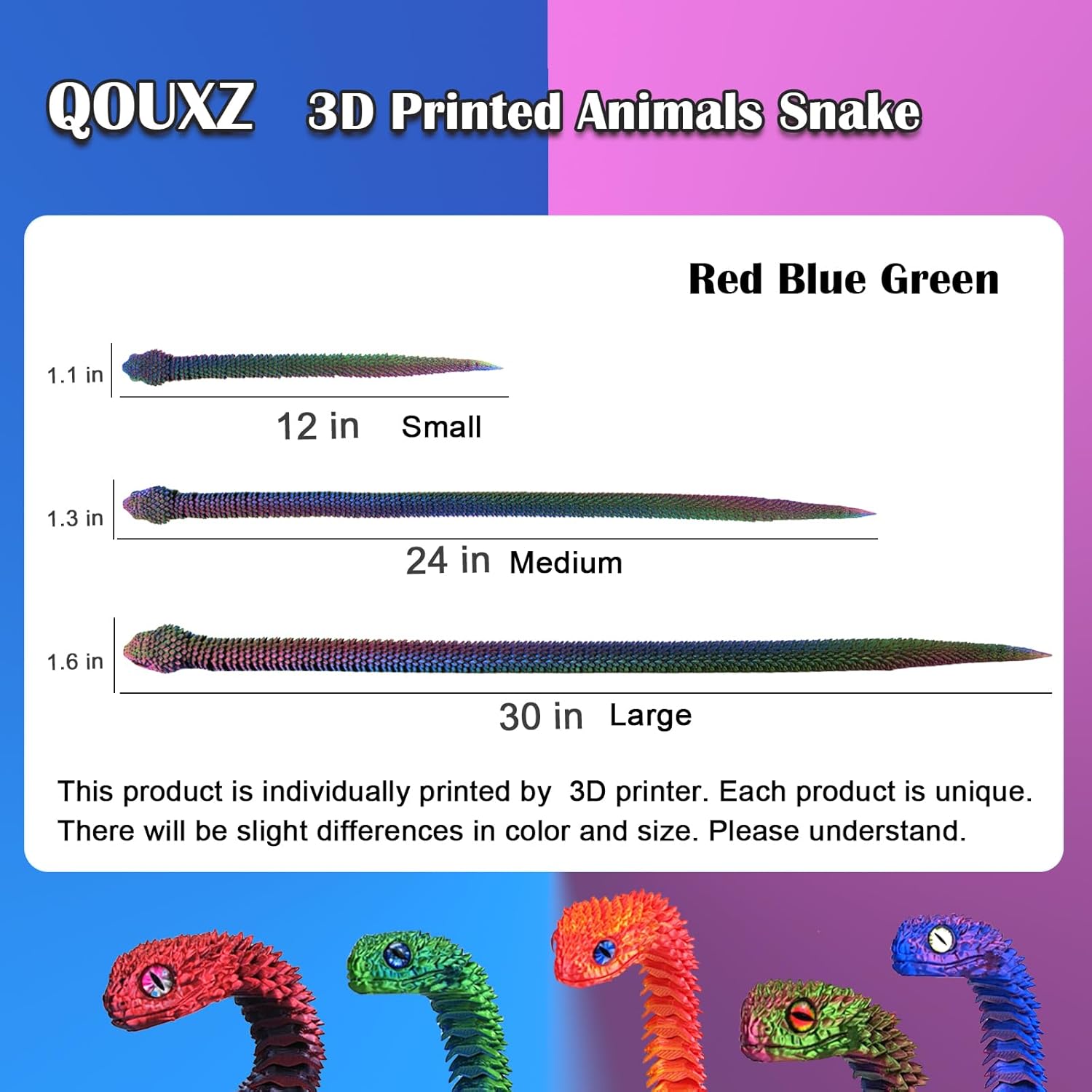3D Printed Animals Snake, 12 Inch Surprise Mystery Fidget Anaconda Toy, Fake Python Statue with Realistic Eyes，3-D Print Articulated Viper Collectible for Home Office Executive Desk Decoration