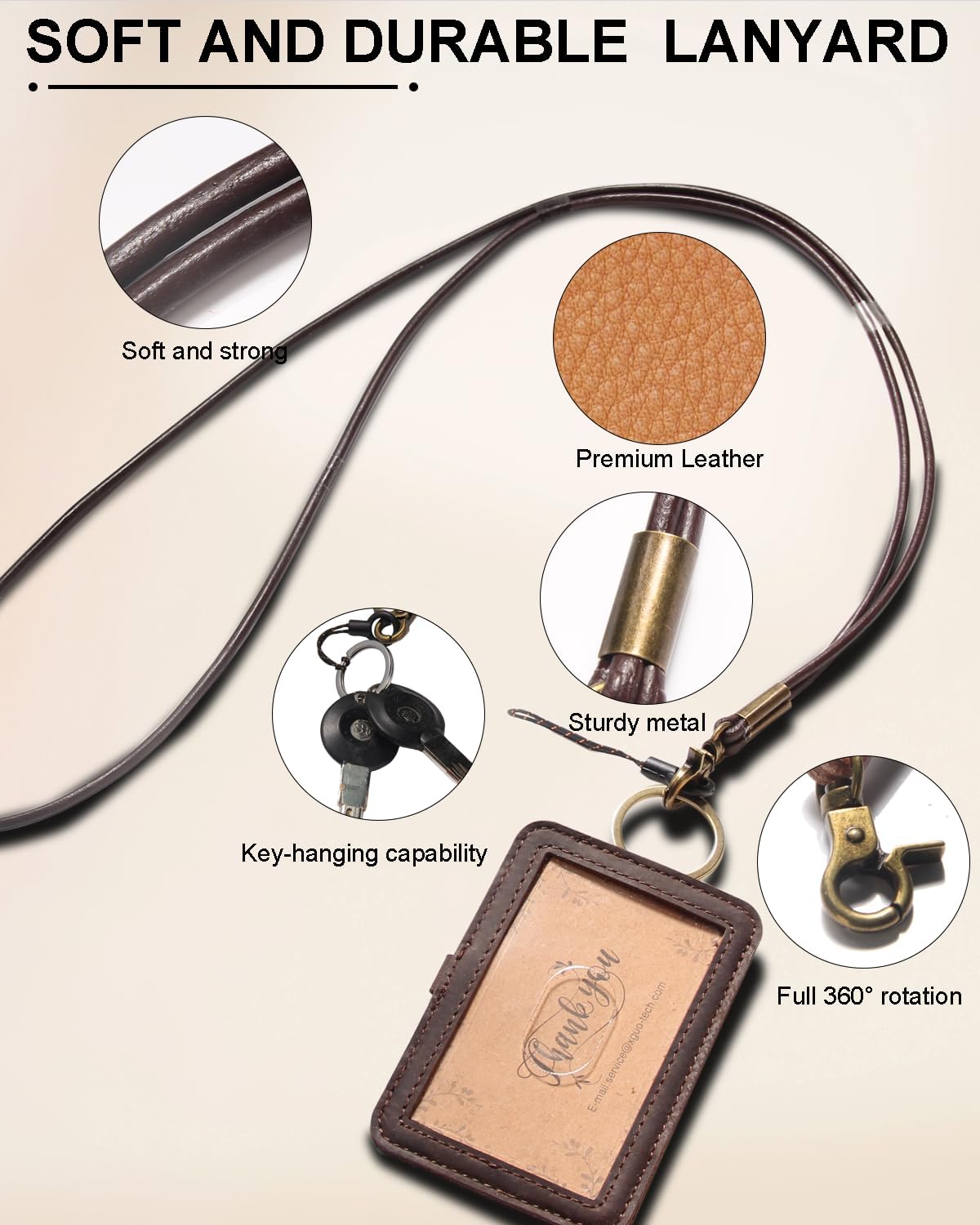Genuine Badge Holder with Leather Lanyard, Soft Leather ID Card Holder with a Detachable Metal Clip, Clear Window, 2 Card Slots for Office & School IDs, Work Name Cards (Deep-Coffe 03)