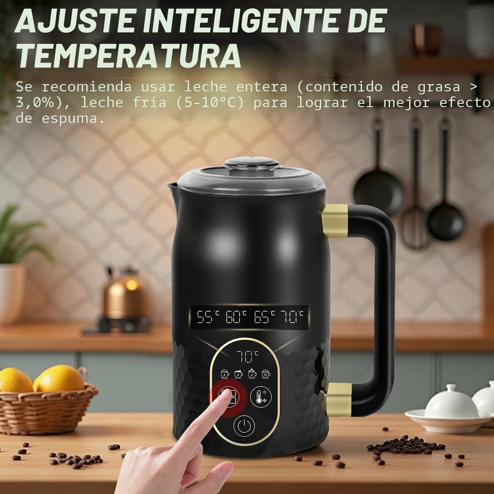 Espumador de leche eléctrico - Espumador de leche 4 en 1 para chocolate caliente con control de temperatura, espumador de leche automático para espuma caliente y fría con 2 batidores para capuchino