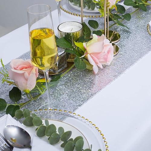 Miniatura 4 de TCBESTO Camino de mesa de lentejuelas plateadas, paquete de 2 unidades de 12 x 72 pulgadas, camino de lino con purpurina metálica brillante para