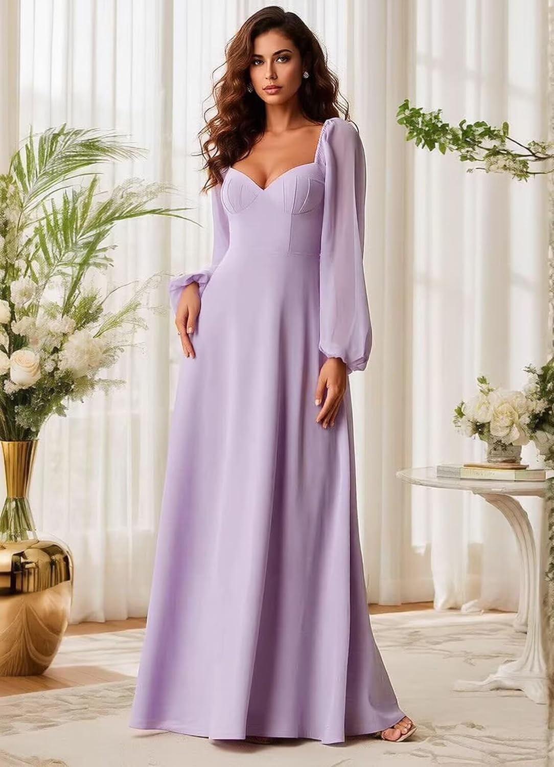 GRILSONTOP Chiffon Long Sleeve Bridesmaid Dresses V Neck Formal Evening Gown Bow Back Wedding Guest Dress with Pocket