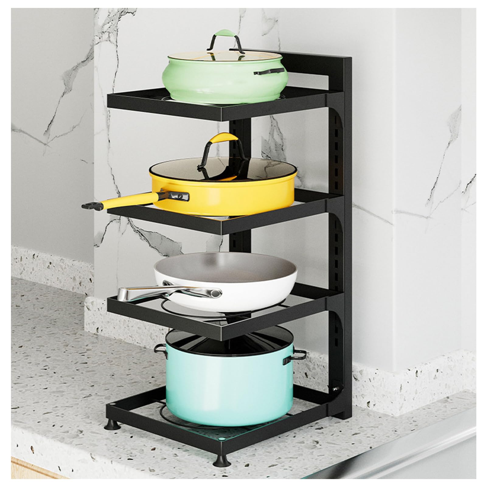 Organizador de ollas y sartenes ajustable negro con soporte de tapa desmontable para almacenamiento de armarios de cocina, soportes de ollas y tapas de ahorro de espacio, organizador de 4 niveles