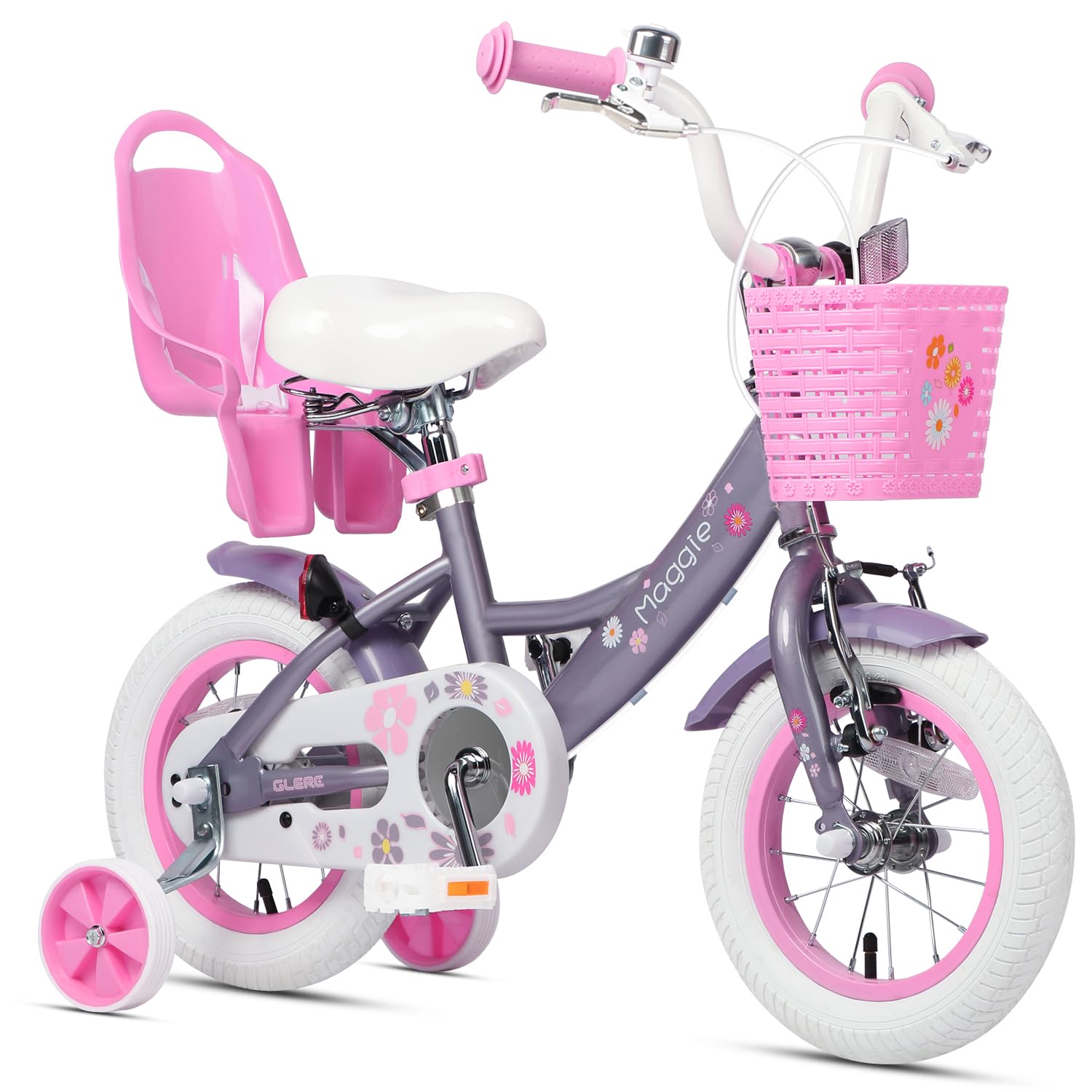 Glerc Maggie 12 14 16 20 Inch Kids Bike for 2-13 Years Old, Girls Bicycle with Doll-Seat & Basket & Stabilisers & Kickstand, Multiple Colors