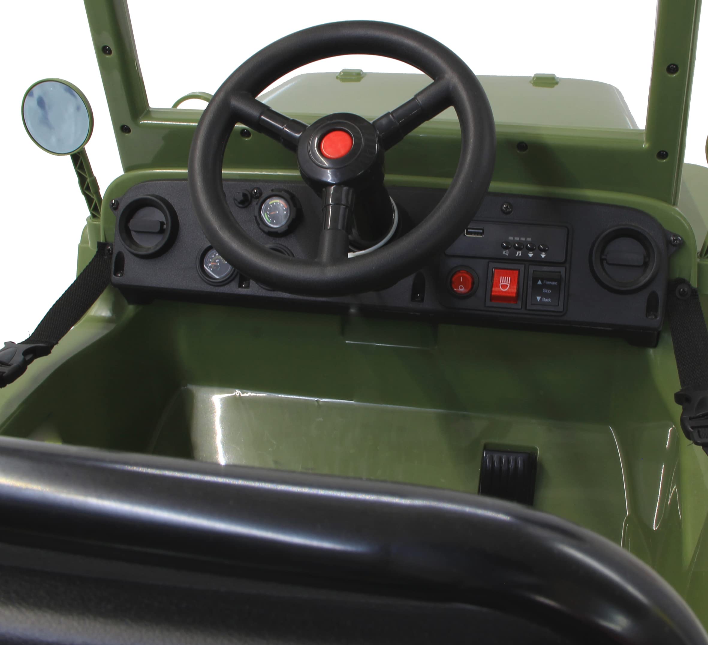 Ride-on Jeep Willys MB Army 12 V – Démarrage Doux, Coffre, Pelle Amovible, Port USB, Bluetooth, Voiture électrique