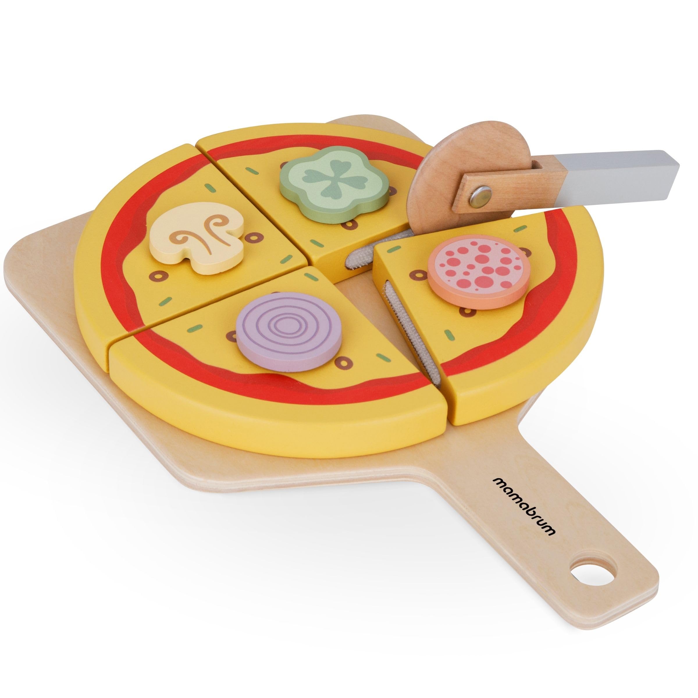 Mamabrum Set de Cuisson Pizza en Bois - Four, Morceaux de avec Velcro, Spatule, Coupe-Pizza - Jeu de Rôle Cuisine Italien 28,5 cm - Jouet Éducatif 3+ Ans (7 Pièces)
