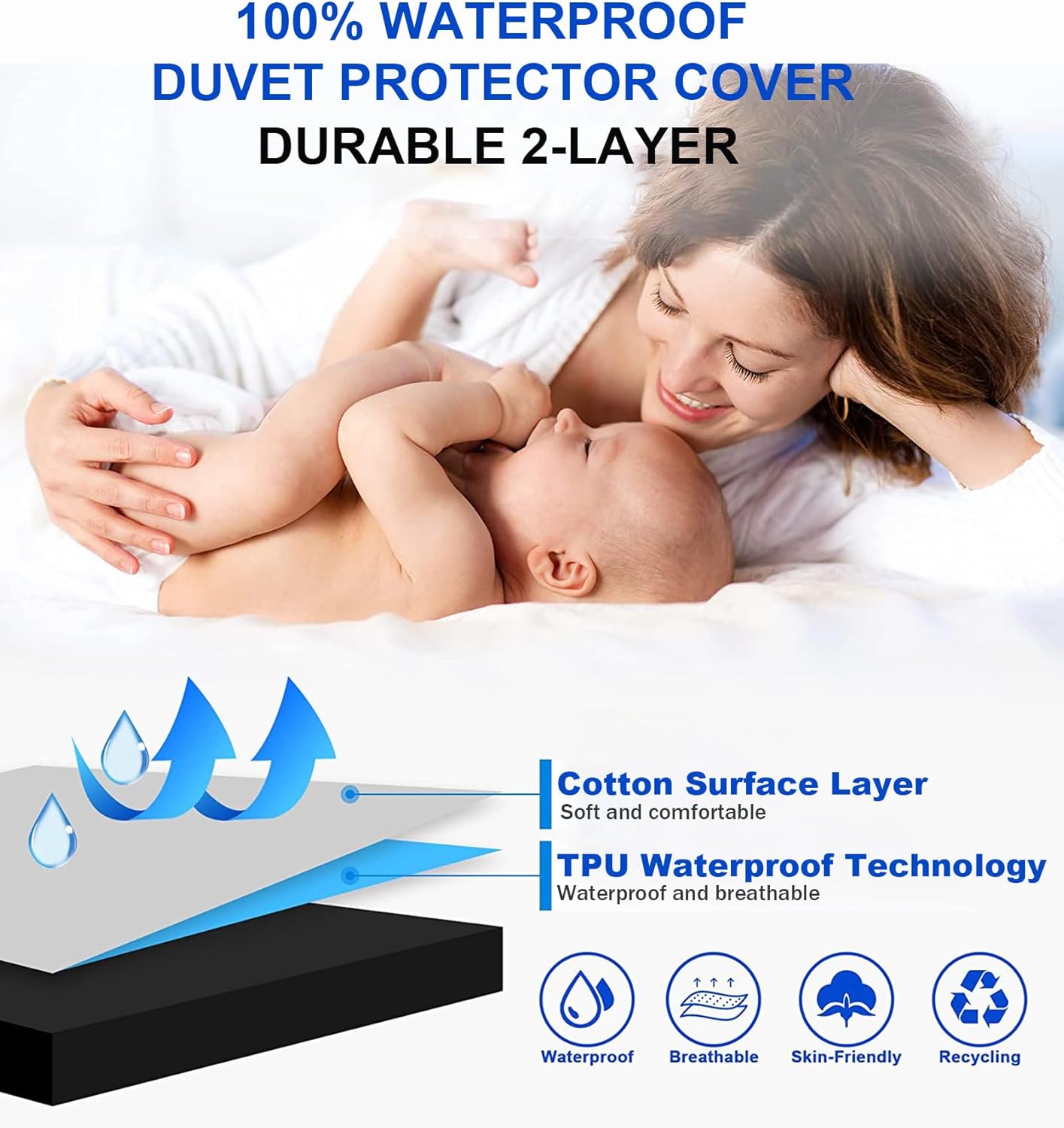 WYFKYMXX Waterproof Duvet Cover Washable＆Reusable Breathable White Incontinence Duvet Protector Cover with Zipper Closure (Cal King)