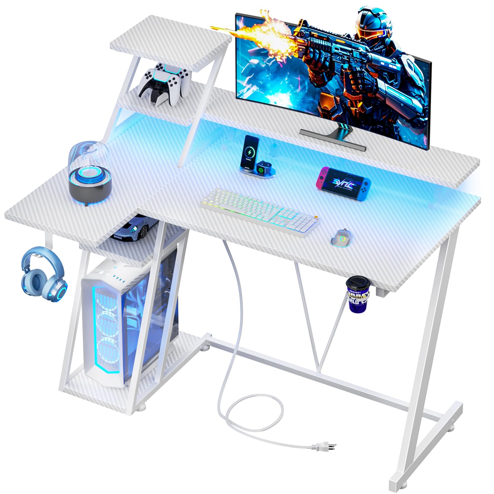 39 Inch White Gaming Desk with LED Lights & Power Outlet, Small Gaming Computer Desk with Storage Shelves, L Shaped Gamer Workstations with Monitor Stand for Bedroom