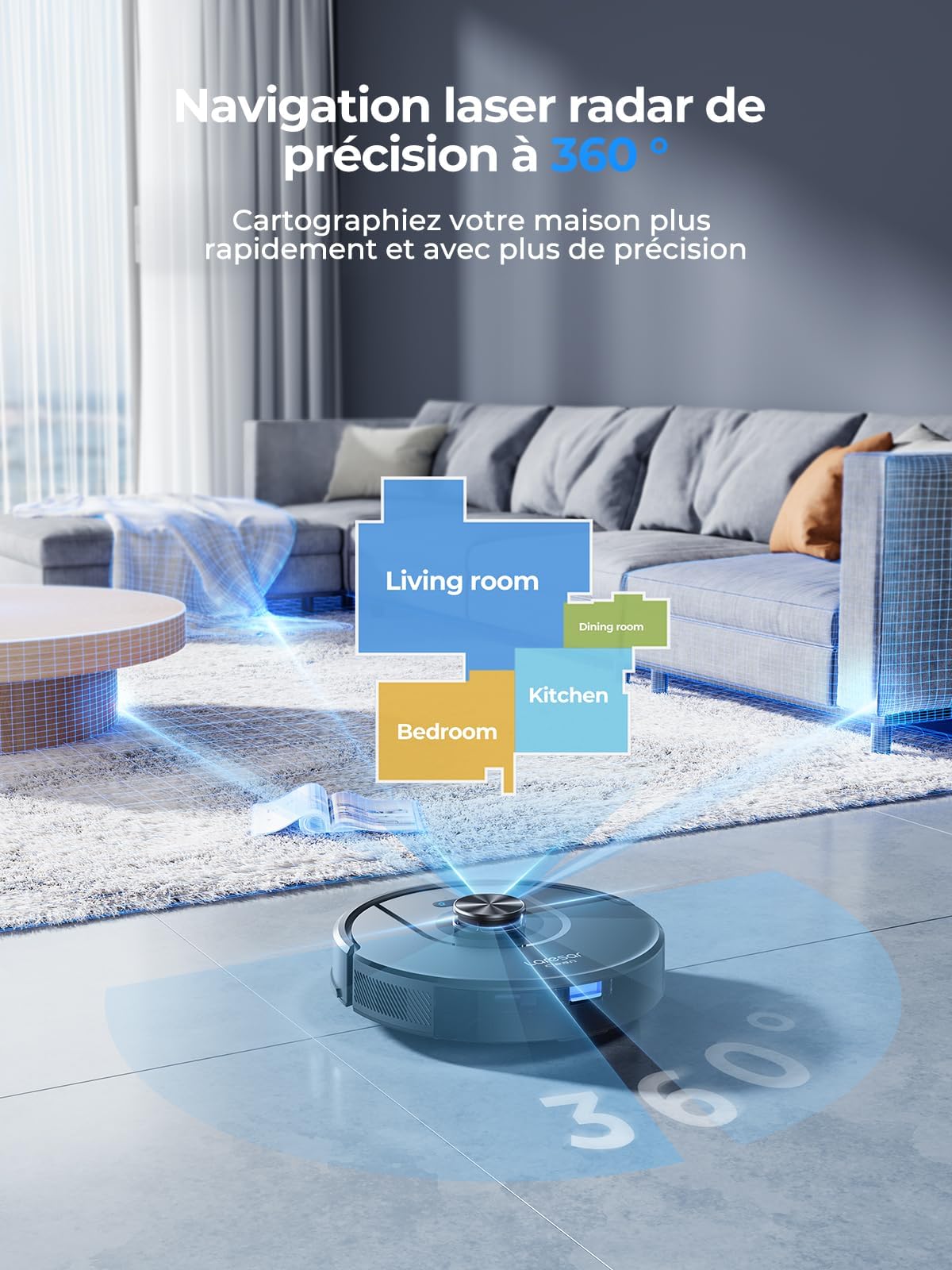 Aspirateur Robot, 8000Pa 200Mins Robot Aspirateur Navigation LiDAR Laveur, Robot Laveur de sol, Cartes Pour Sols Multiples, Commande Alexa/APP/WiFi, Idéal Pour Poils d’Animaux, Tapis et Sols Durs
