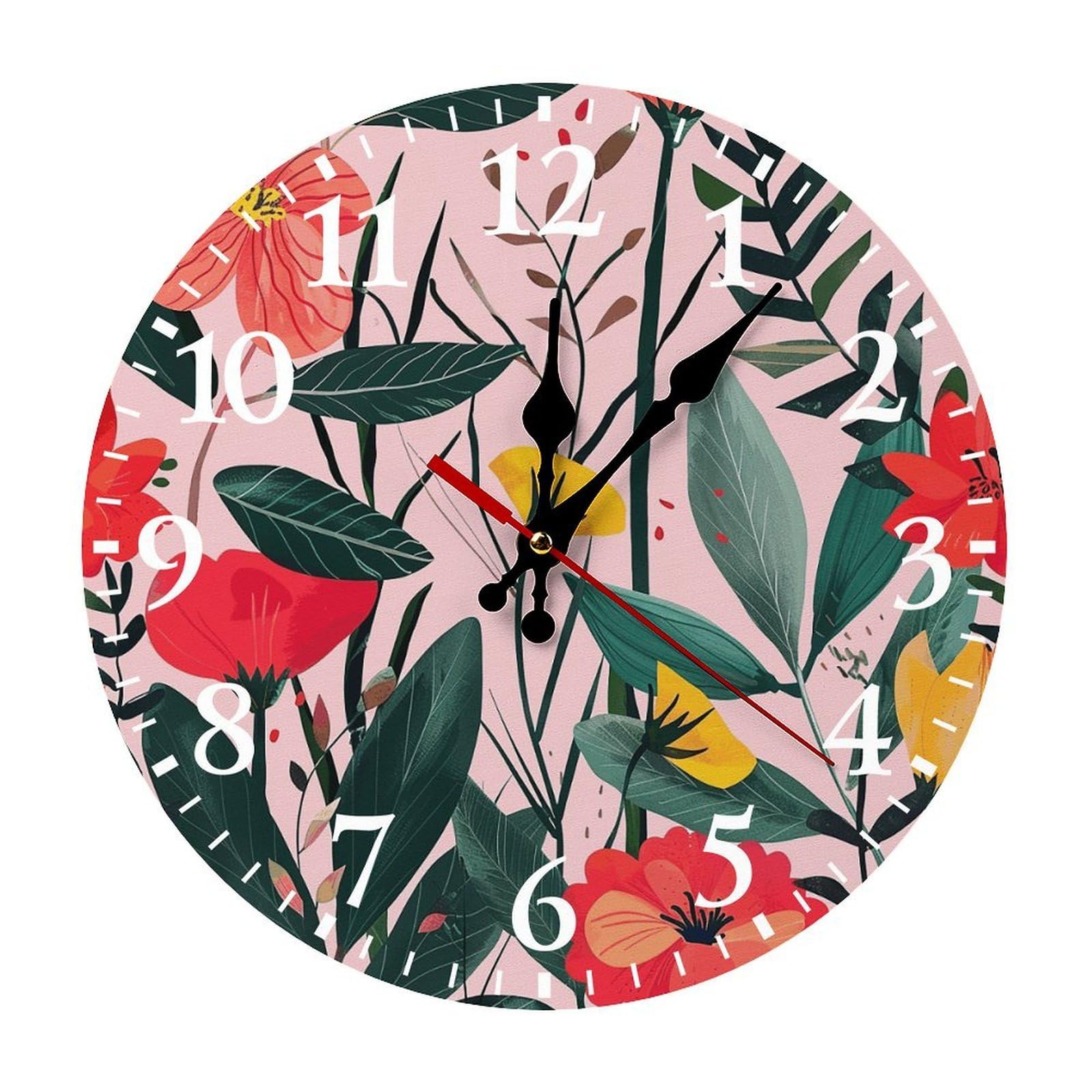 NTVOWPZO 10 Inch Wall Clock Peach with Flowers Battery Operated Wall Clocks Silent Non-Ticking Round Wall Clock for Living Room Kitchen Home Office Wall Decorative Clock