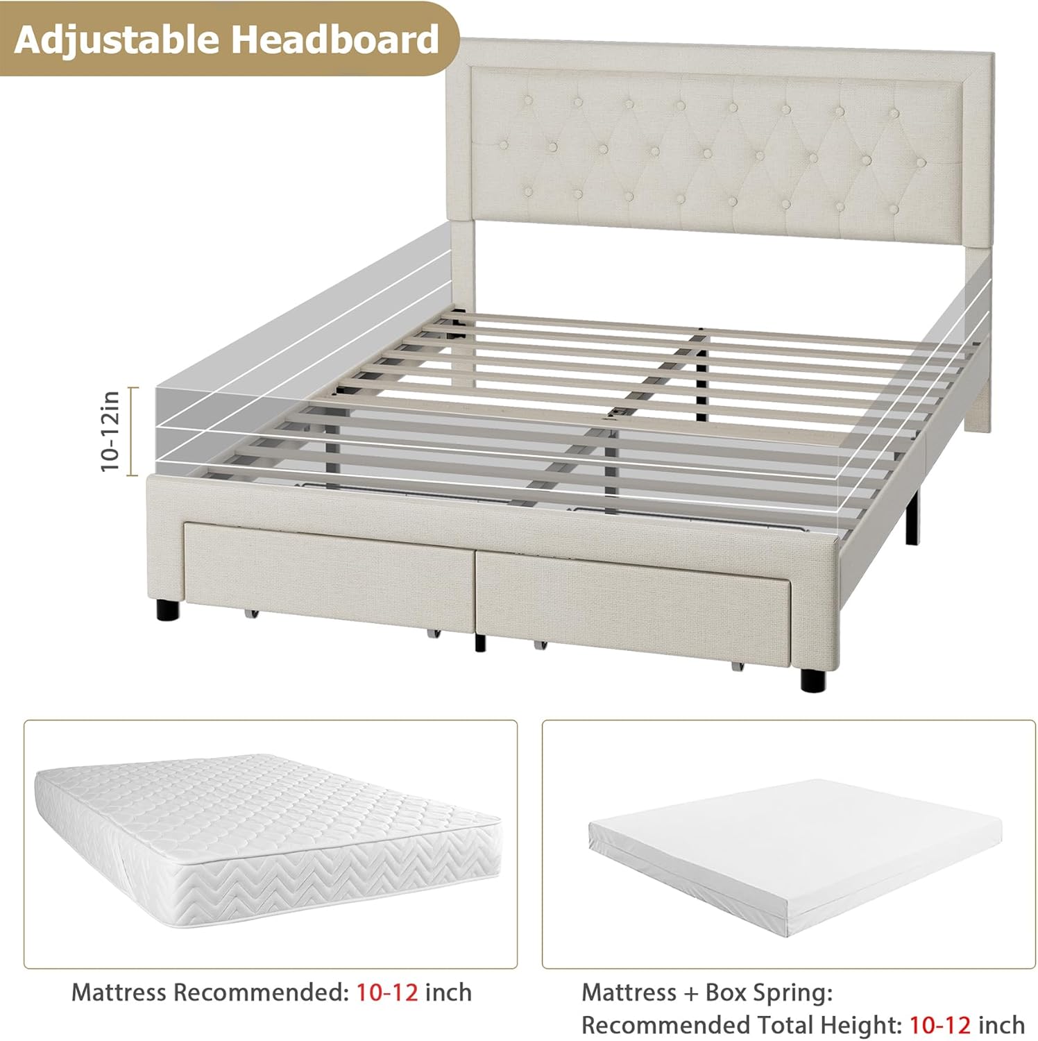 Diagram showing the velcro design for easy slat assembly, thick wooden slats, and sturdy legs of the bed frame.