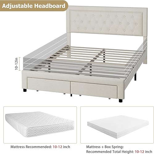 Miniatura 5 de Keyluv Base de cama Queen con 2 cajones de almacenamiento y cabecera ajustable, plataforma de tela de alta gama con botones acolchonados, listones
