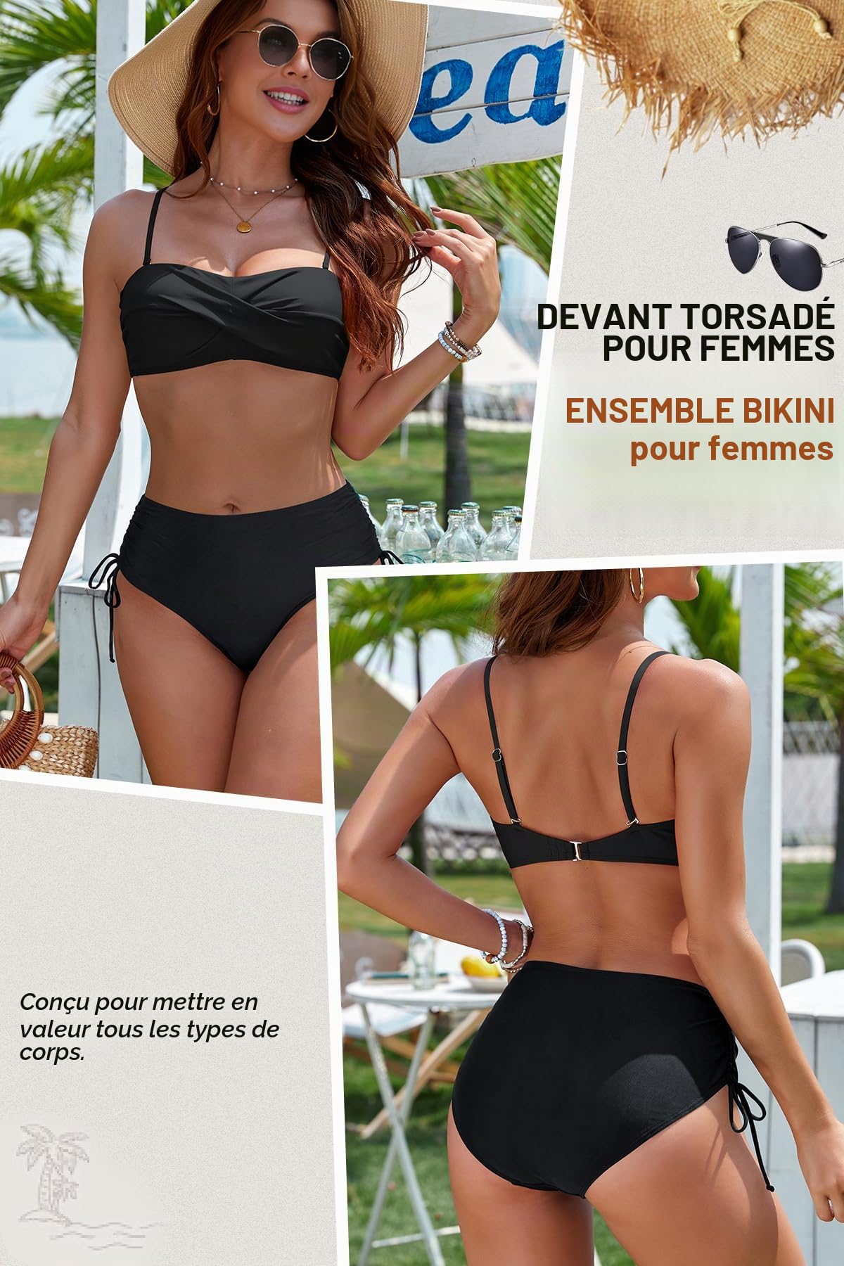 SHEKINI Femme Bikini Ensemble Bikini à Imprimé Floral Maillots de Bain à Cordon Élégante Tube Top Swimwear Bretelle Détachable Beachwear
