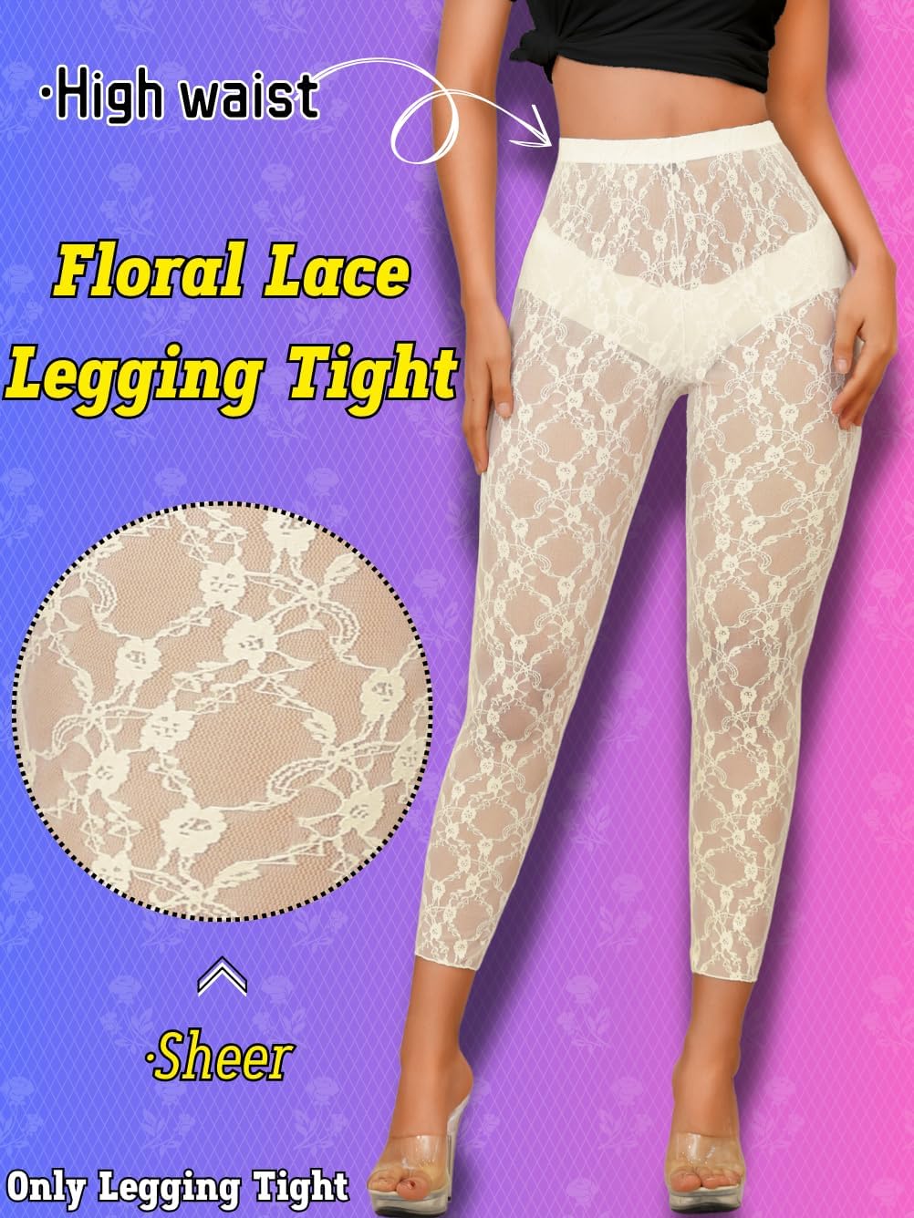 Floral Lace Leggings,High Waisted Footless Tights for Women,Sheer Mesh Pants Bridal Date Night Concert - Image 2