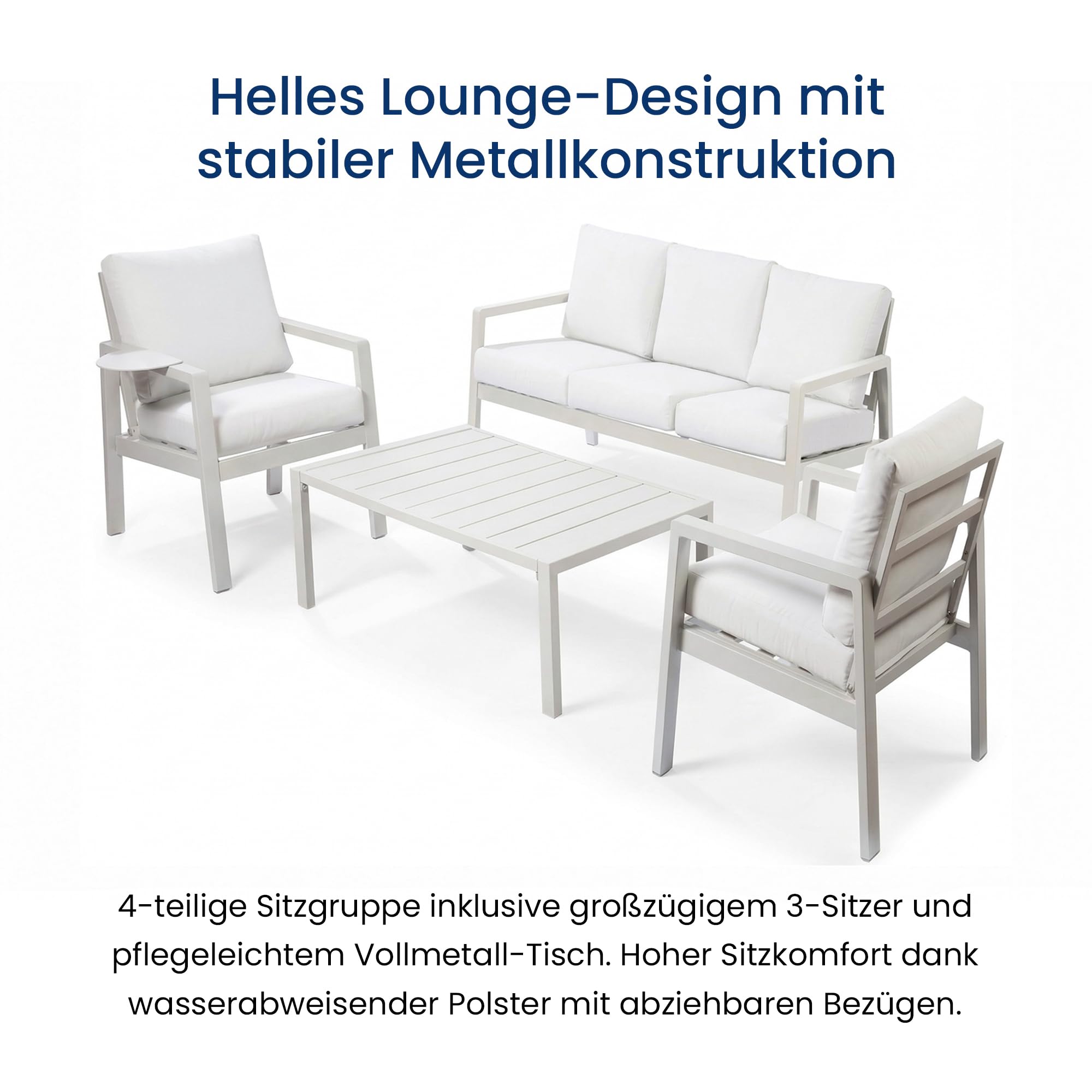 Home Collective Gartenmöbel Set Lounge Möbel Outdoor Outdoormöbel | 4-teilig | 3-Sitzer Sofa 2 Stühle 1 Tisch | abziehbare Kissen Metallgestell | Möbel Garten Terrasse Balkon | Weiß