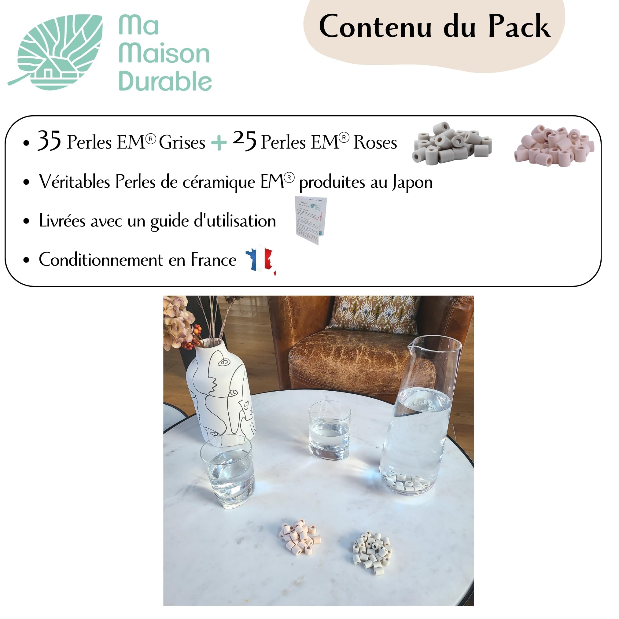 Perles Céramique EM®| 35 Grises+25 Roses|Filtre Eau Robinet|Chlore Calcaire | Billes filtration naturelle Chlore Calcaire, Pour Pichet Carafe Gourde Fontaine. Perles de céramique EM® certifiées