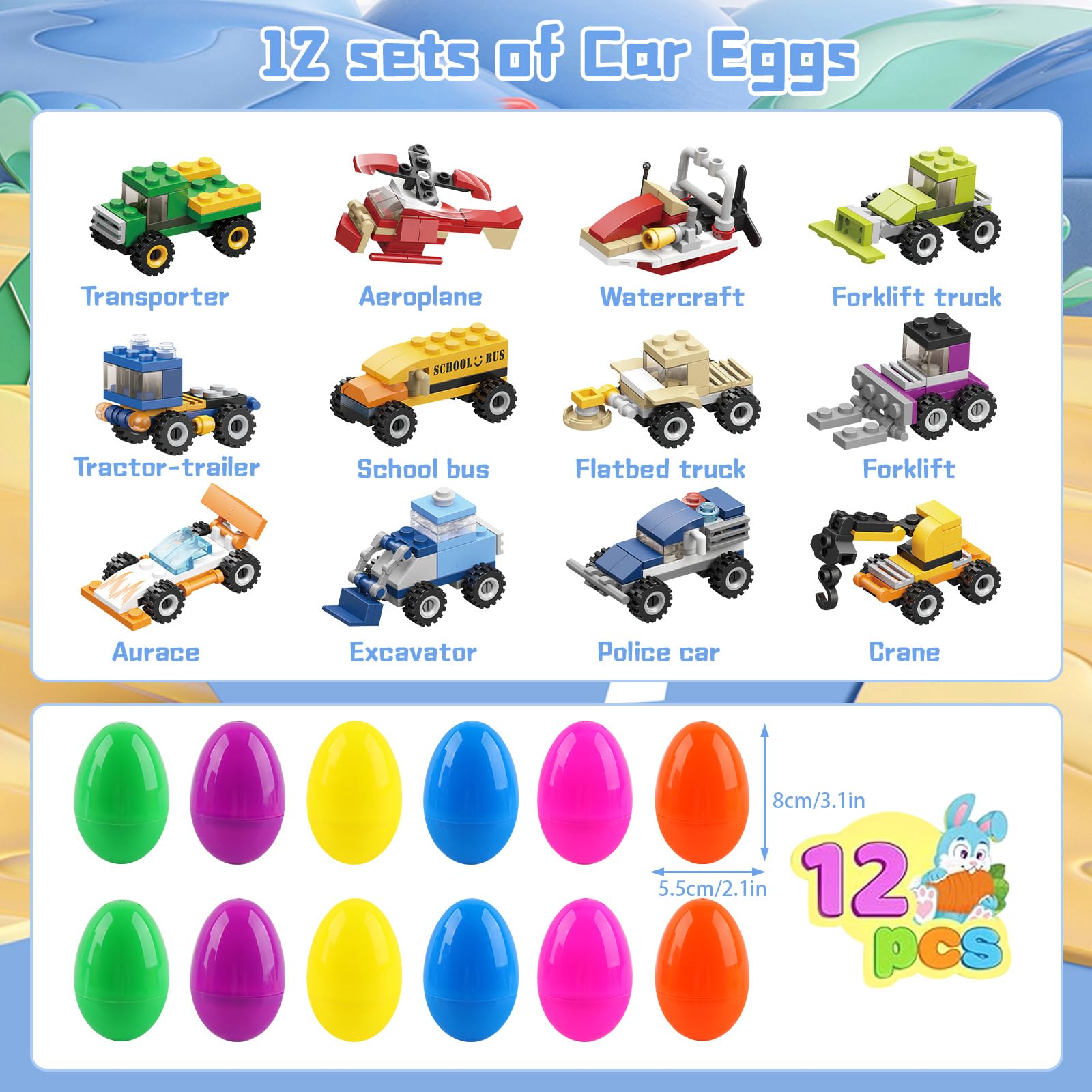 dellyy 12 Pezzi Easter Eggs Bambini, Regalo Pasqua Bambini, Uovo di Pasqua con Blocchi da Costruzione di Auto, Idee Regalo Pasqua, Uova Giocattolo per Bambini, per Caccia alle Uova (Veicoli)