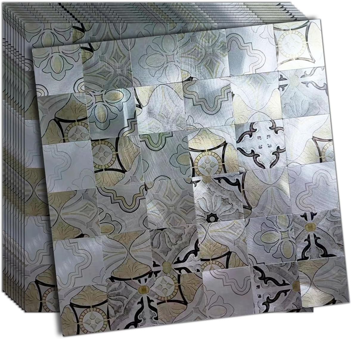 WEIMEISC 10 pcs Peel and Stick Tile Backsplash,Metal Subway Tile Stick on Kitchen Wall Bathroom (4-Color Printing)