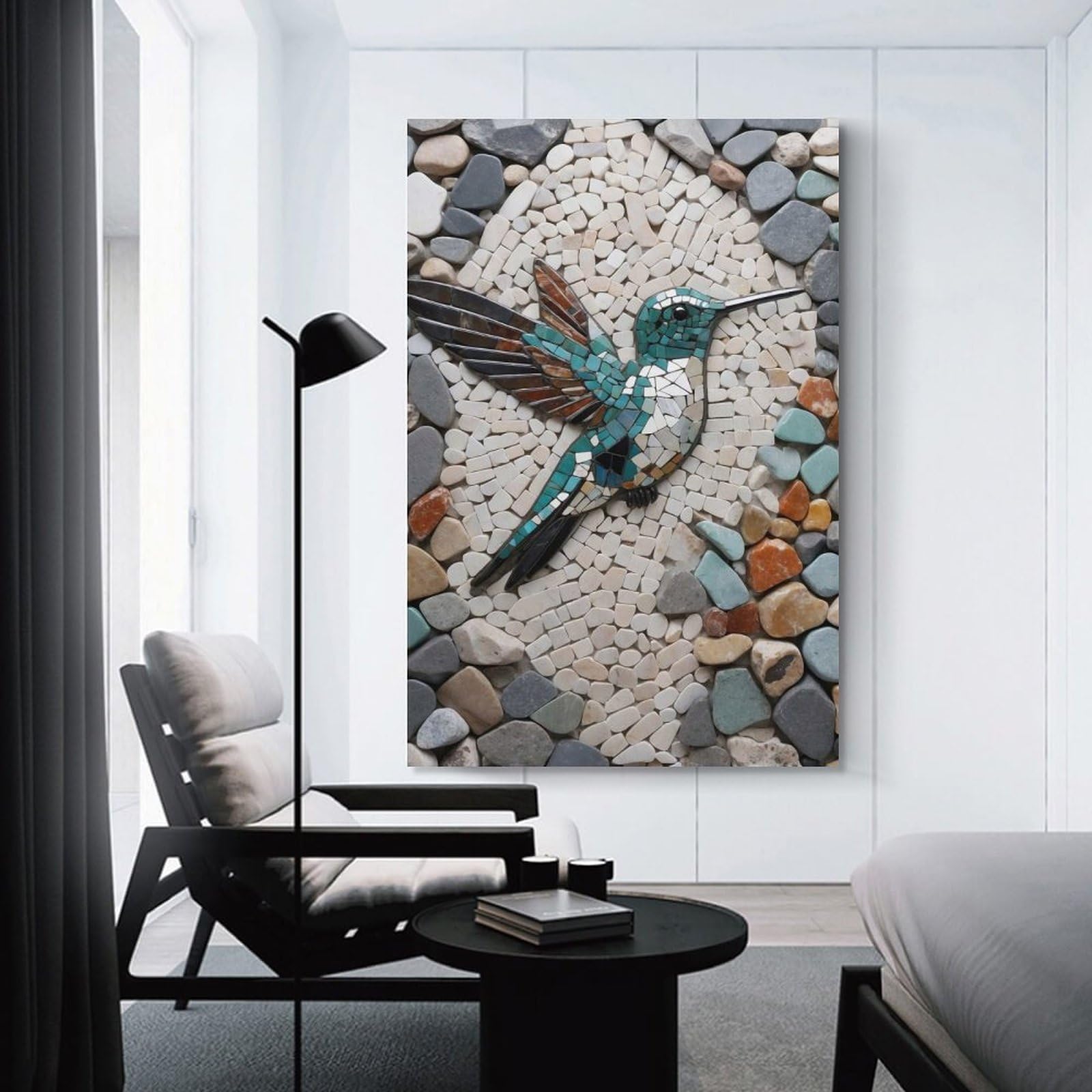 Junmoney Hummingbird Stone Mosaic Art Canvas Art Print, 08x12inch(20x30cm), for Bedroom Decor, Cosy Corners Or Studios, A Warm Accent for Relaxed Interiors