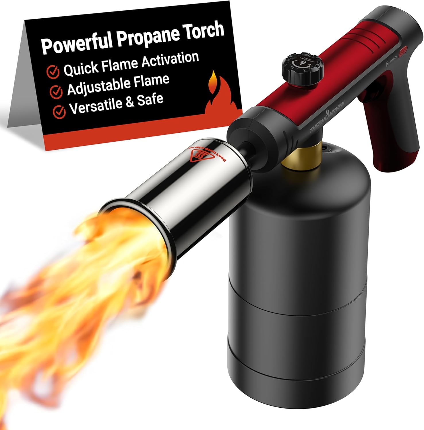ThermoMaven Propane Torch with One-Touch Max Fire, Cooking Blow Torch Gun with Safety Lock, Charcoal Lighter, Flame Thrower, Gas Welding Kit Kitchen Food Torch Head for Grill, Sous Vide, BBQ, Red