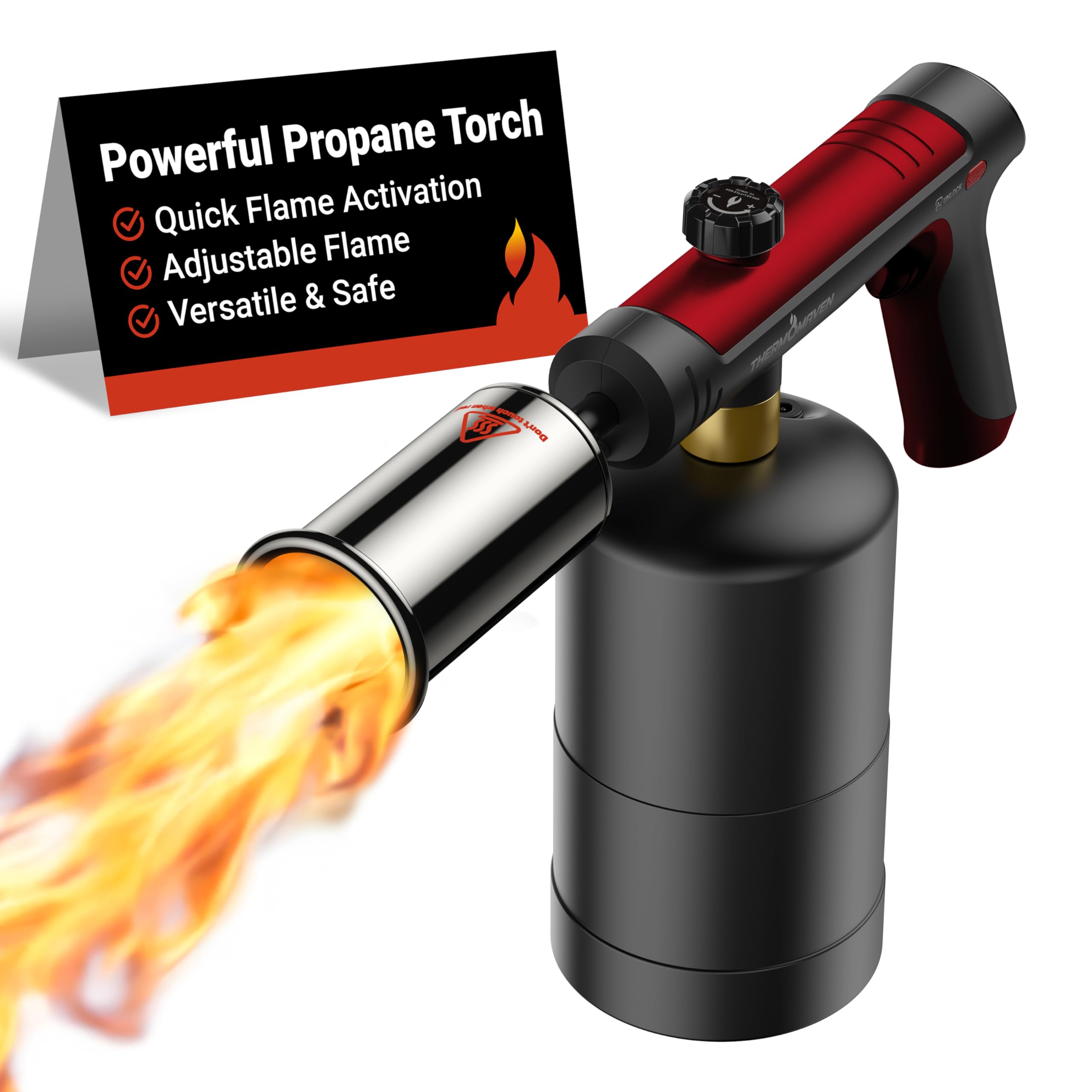 ThermoMaven Propane Torch with One-Touch Max Fire, Cooking Blow Torch Gun with Safety Lock, Charcoal Lighter, Flame Thrower, Gas Welding Kit Kitchen Food Torch Head for Grill, Sous Vide, BBQ, Red