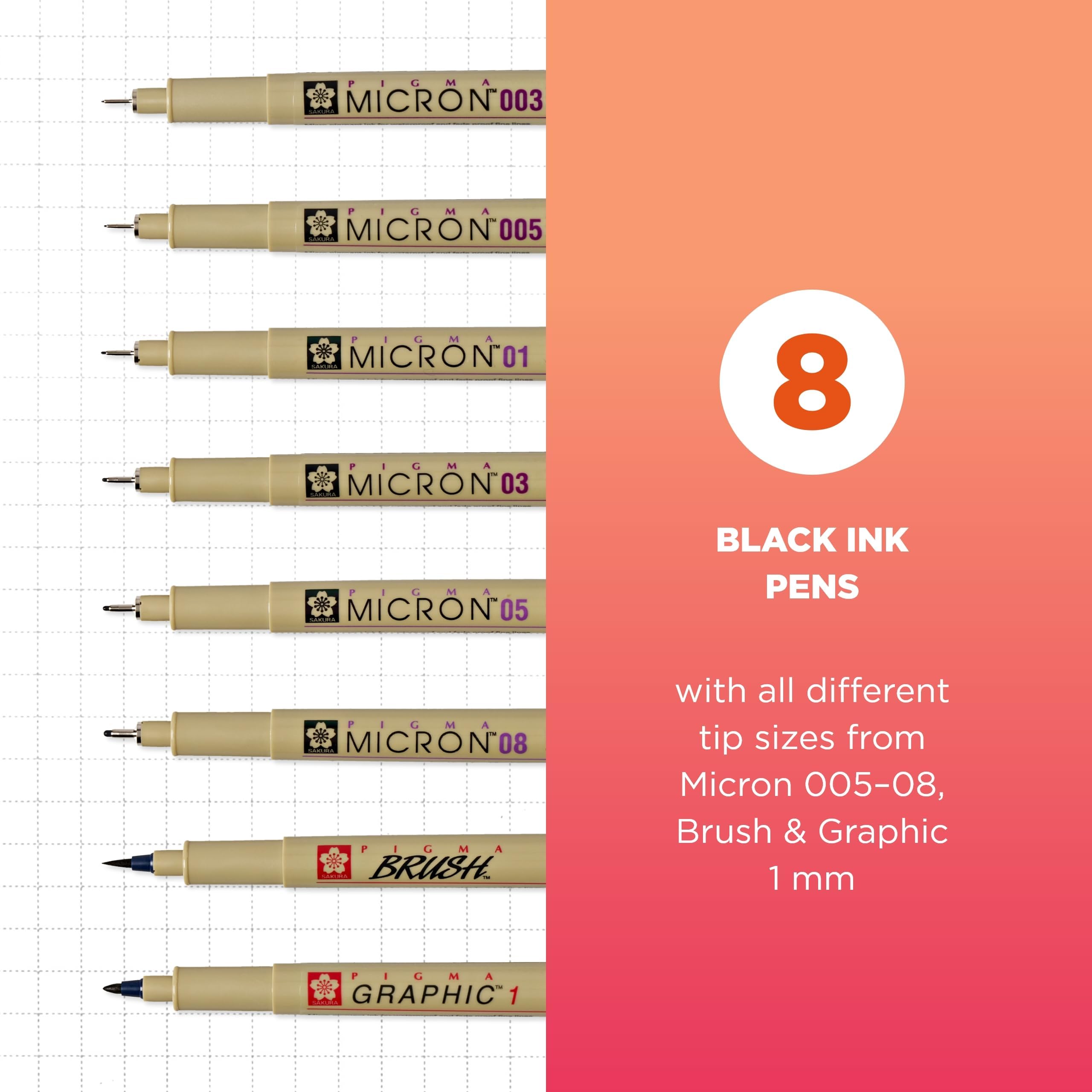 Sakura Pigma Micron 005,01,02,03,05,08,1Mm Brush