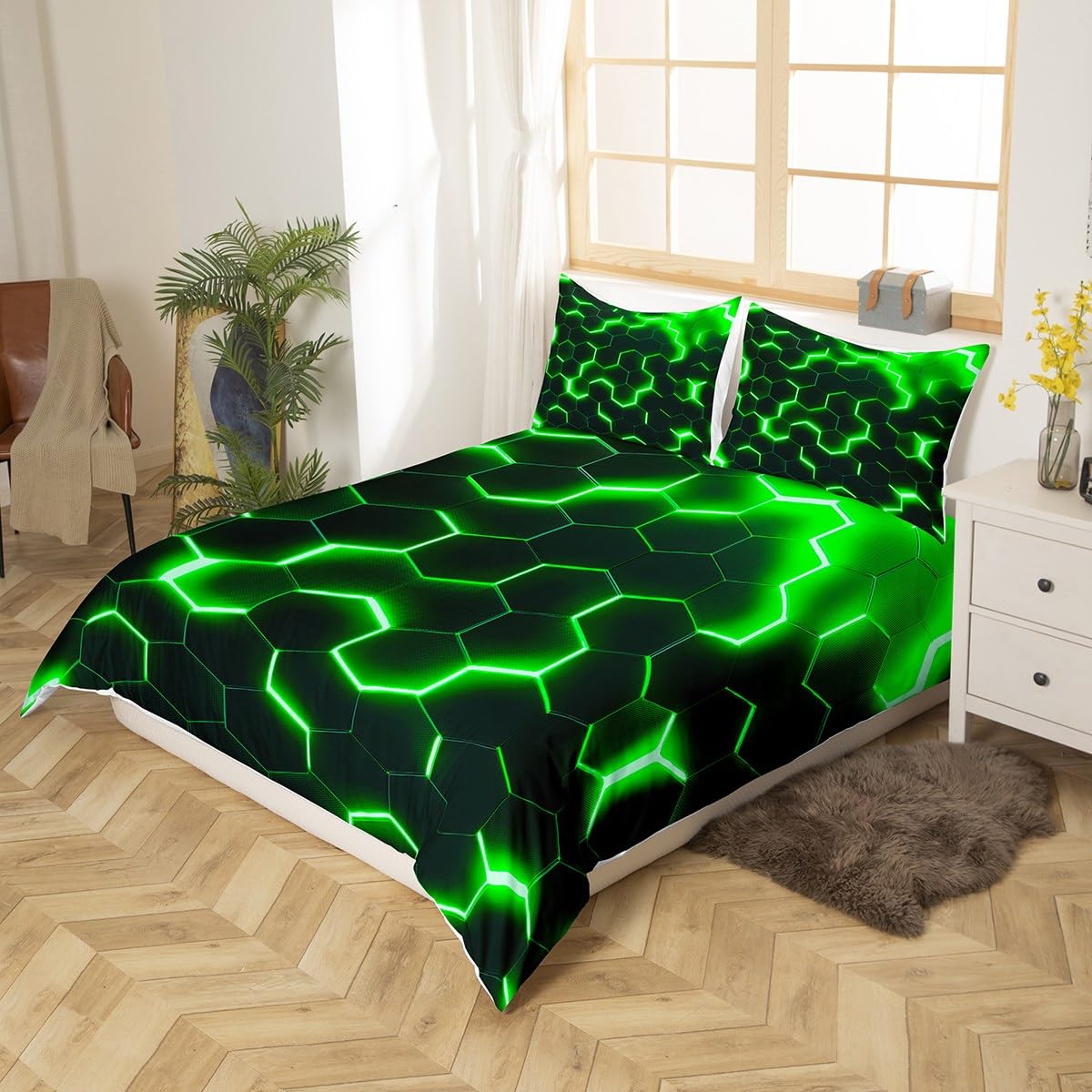 richhome Geometric Honeycomb Duvet Cover Double Size,Hexagon Abstract Bedding Set,Kids Boys Girls Adults Room Decor,Green Black Neon Light Comforter Cover,Modern Fashion Quilt Cover,2 Pillowcases - Image 3